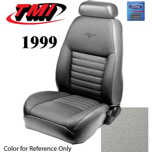 43-76609-L965-PONY 1999 MUSTANG GT FRONT BUCKET SEAT OXFORD WHITE LEATHER UPHOLSTERY W/PONY LOGO SMALL HEADREST COVERS INCLUDED