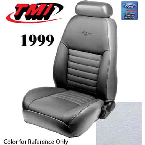 43-76309-965-PONY 1999 MUSTANG GT FRONT BUCKET SEAT OXFORD WHITE VINYL UPHOLSTERY W/PONY LOGO LARGE HEADREST COVERS INCLUDED