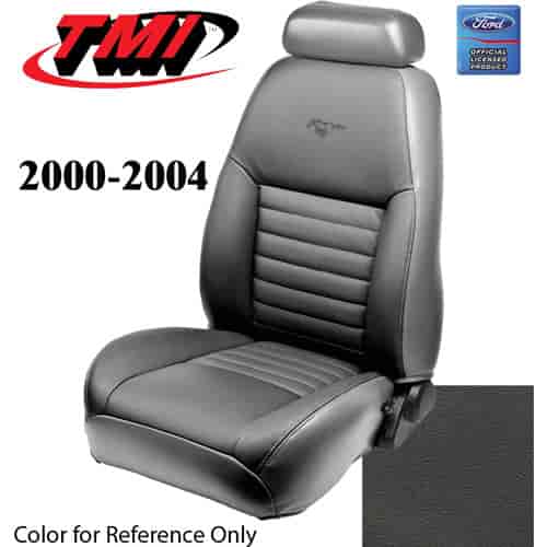 43-76600-L741-PONY 2000-04 MUSTANG GT FRONT BUCKET SEAT BLACK LEATHER UPHOLSTERY W/PONY LOGO SMALL HEADREST COVERS INCLUDED