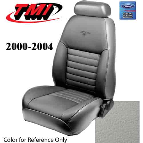 43-76600-L965-PONY 2000-04 MUSTANG GT FRONT BUCKET SEAT OXFORD WHITE LEATHER UPHOLSTERY W/PONY LOGO