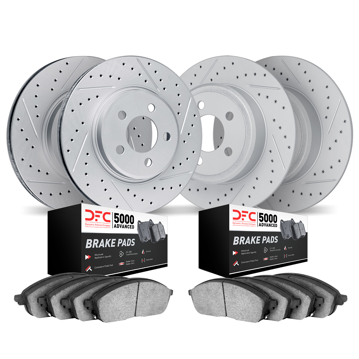 2504-42057 Geoperformance Drilled/Slotted Rotors w/5000 Advanced Brake Pads Kit, 2005-2010 Mopar, Position: Front and Rear