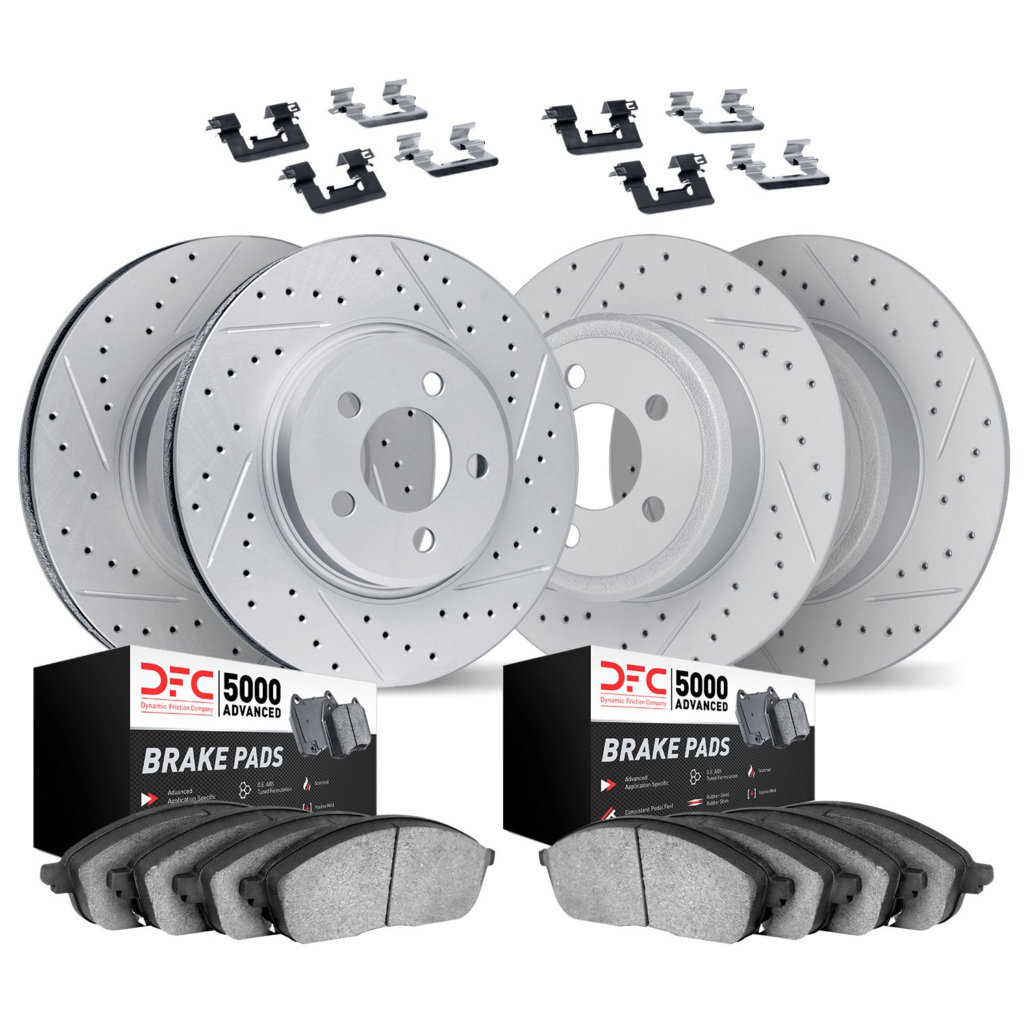 2514-42069 Geoperformance Drilled/Slotted Rotors w/5000 Advanced Brake Pads Kit & Hardware, 2005-2010 Mopar, Position: Front and