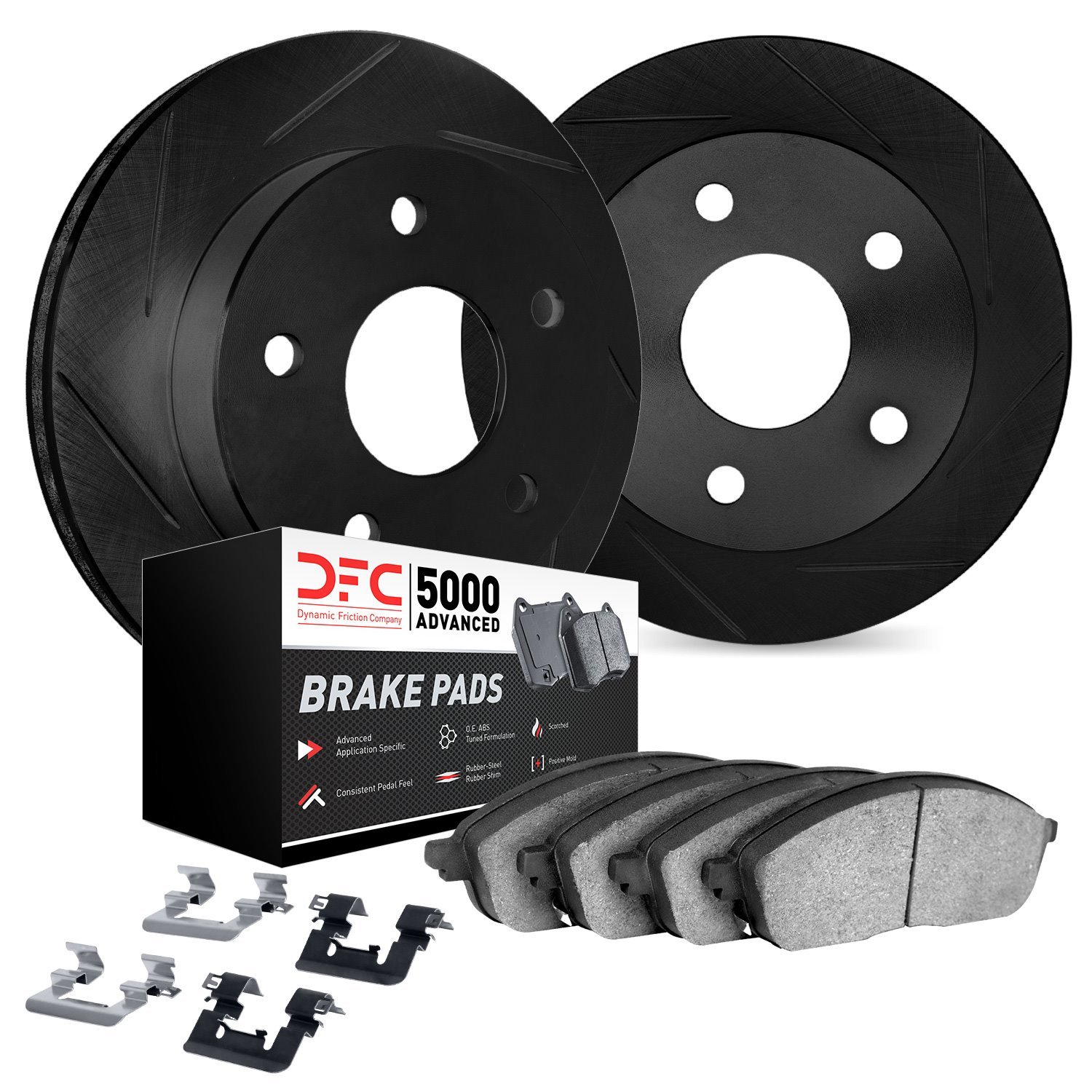 3512-02017 Slotted Brake Rotors w/5000 Advanced Brake Pads Kit & Hardware [Black], 2015-2018 Porsche, Position: Rear