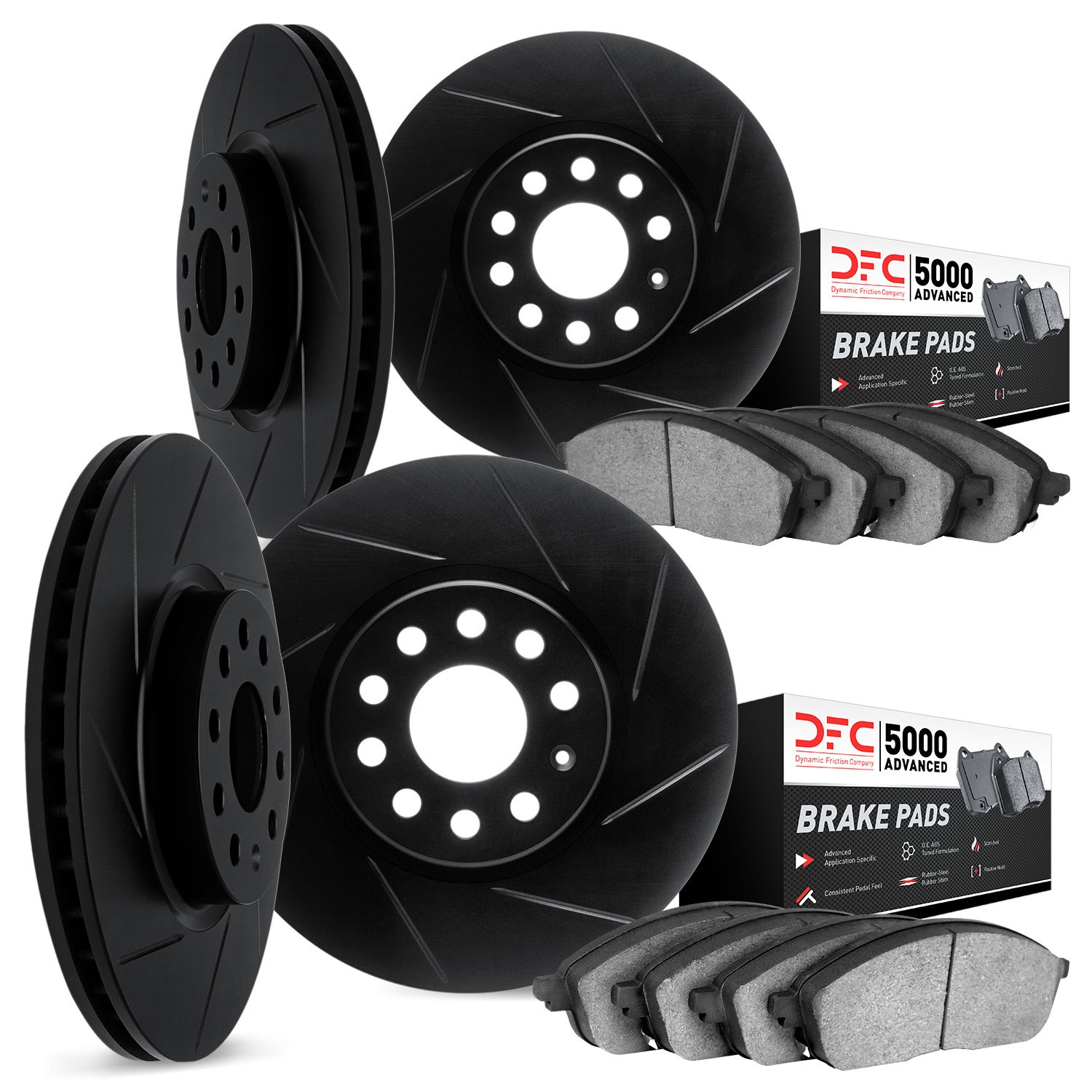 3514-31086 Slotted Brake Rotors w/5000 Advanced Brake Pads Kit & Hardware [Black], 2015-2018 BMW, Position: Front and Rear