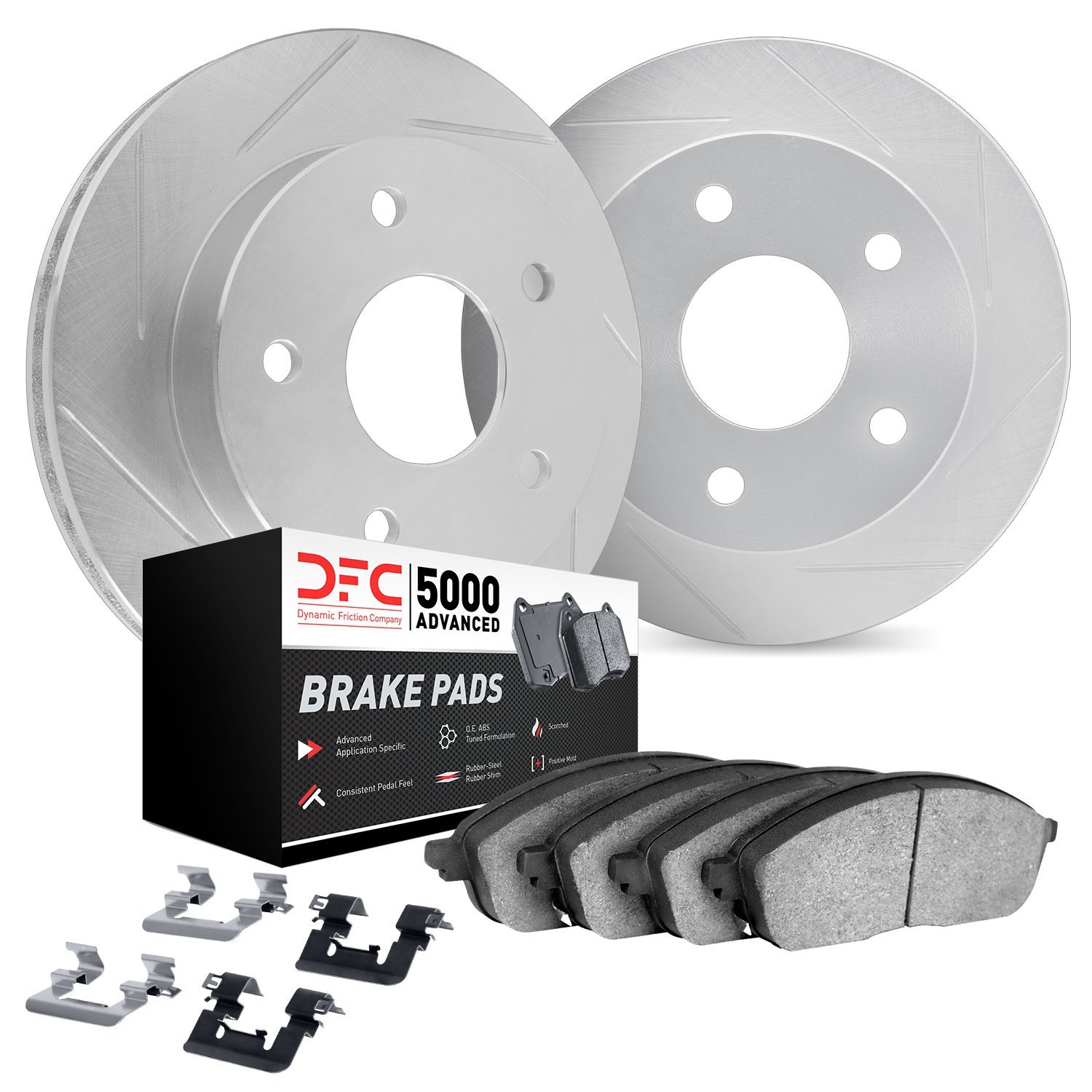 5512-02017 Slotted Brake Rotors w/5000 Advanced Brake Pads Kit & Hardware [Silver], 2015-2018 Porsche, Position: Rear