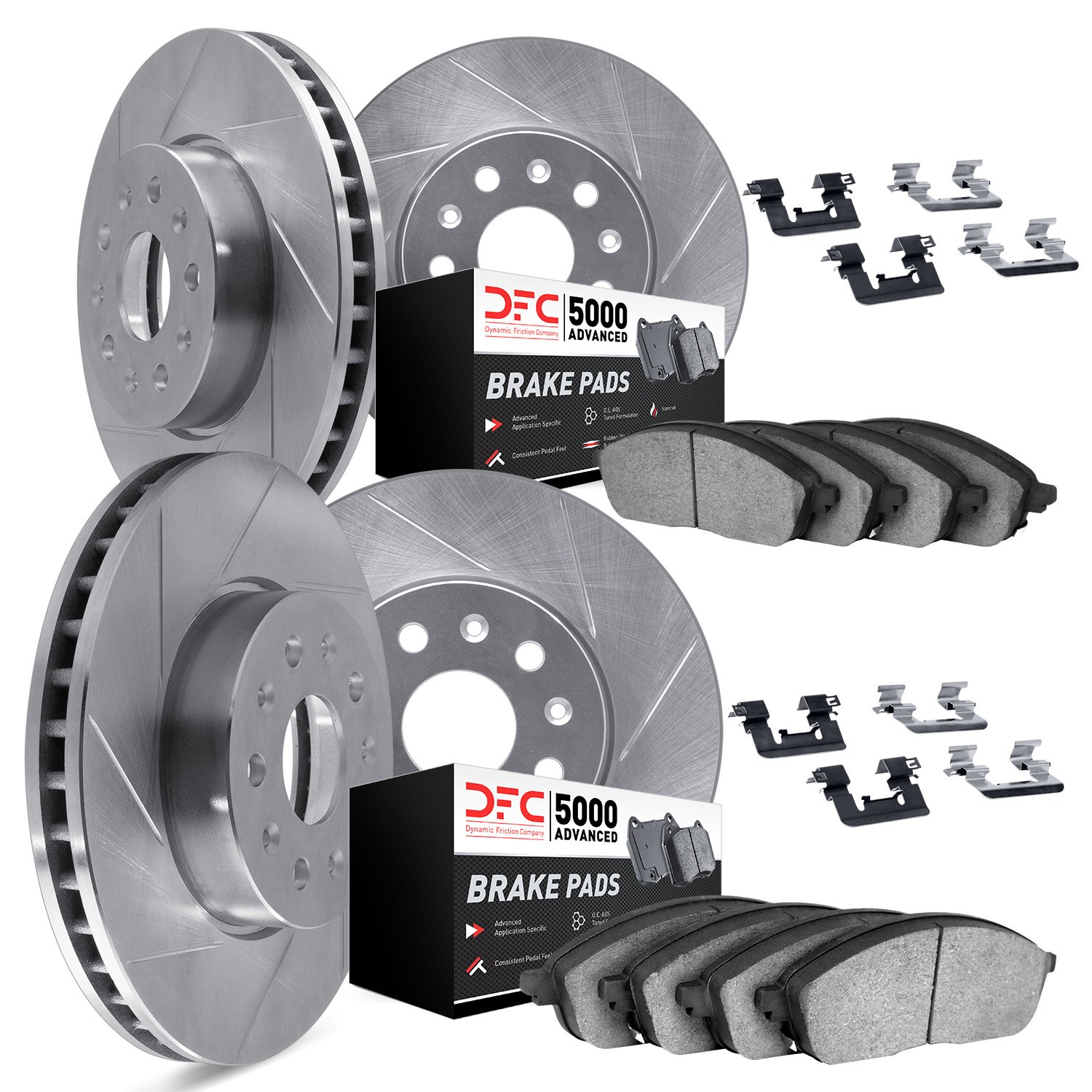 5514-31086 Slotted Brake Rotors w/5000 Advanced Brake Pads Kit & Hardware [Silver], 2015-2018 BMW, Position: Front and Rear