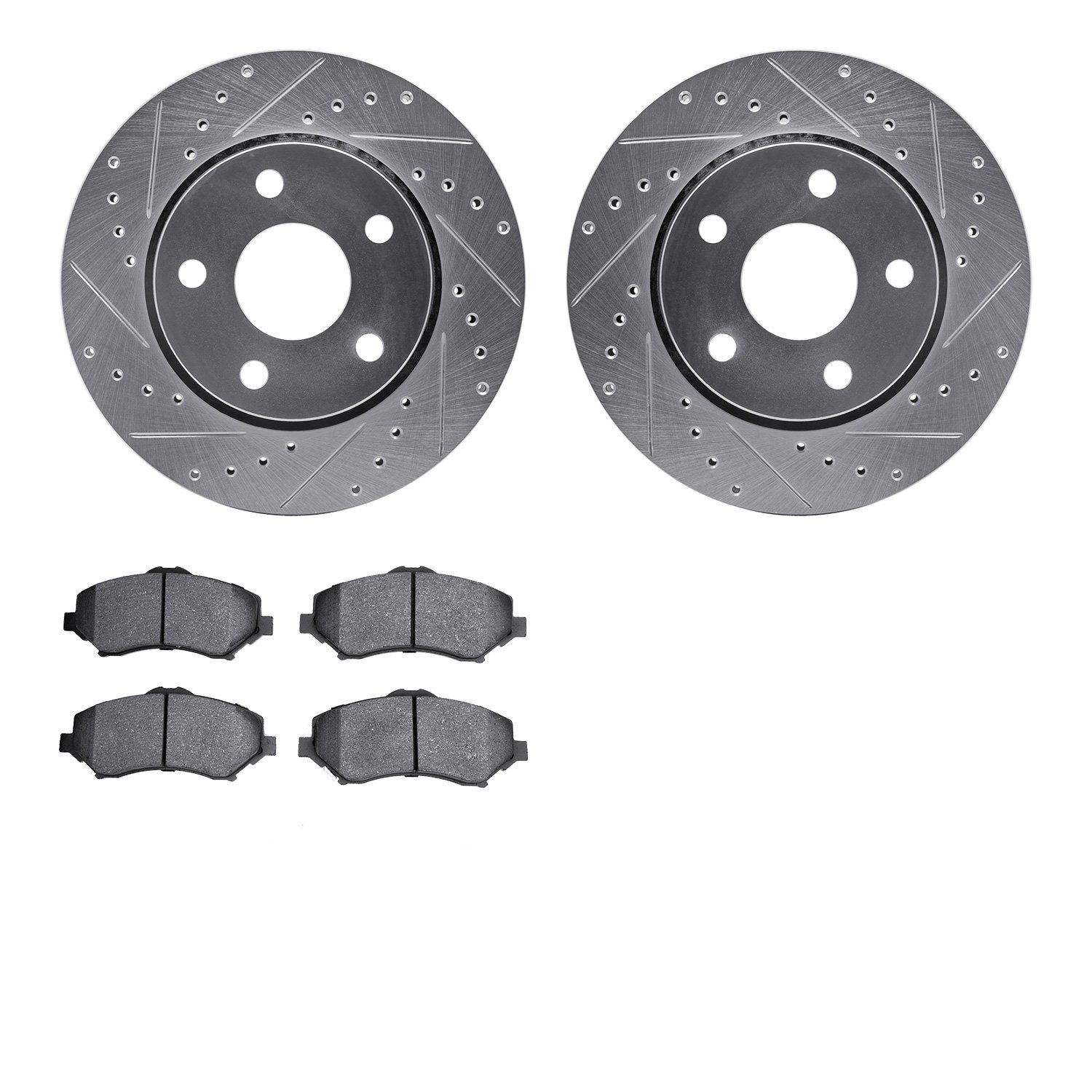 7202-42051 Drilled/Slotted Rotors w/Heavy-Duty Brake Pads Kit [Silver], 2007-2018 Mopar, Position: Front