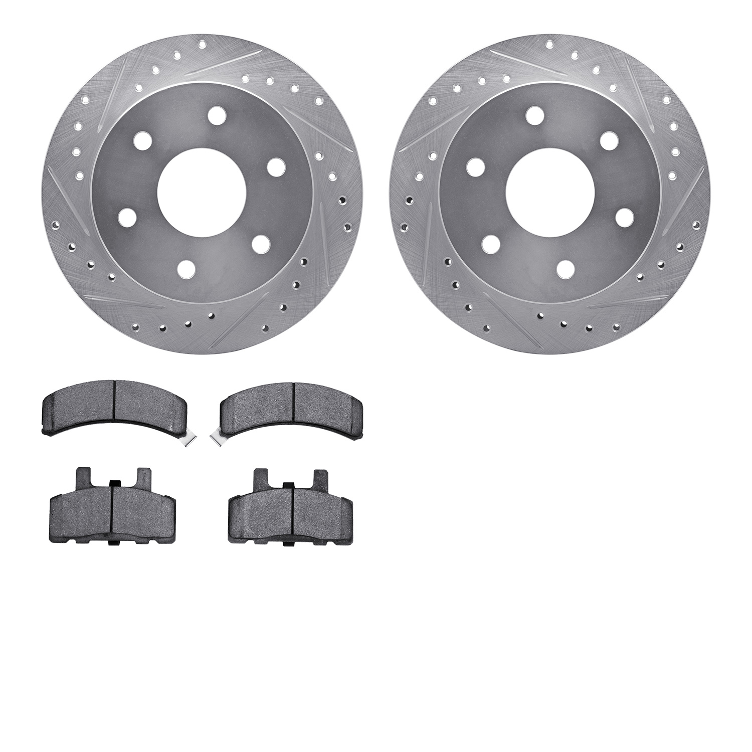 7202-48016 Drilled/Slotted Rotors w/Heavy-Duty Brake Pads Kit [Silver], 1988-2000 GM, Position: Front
