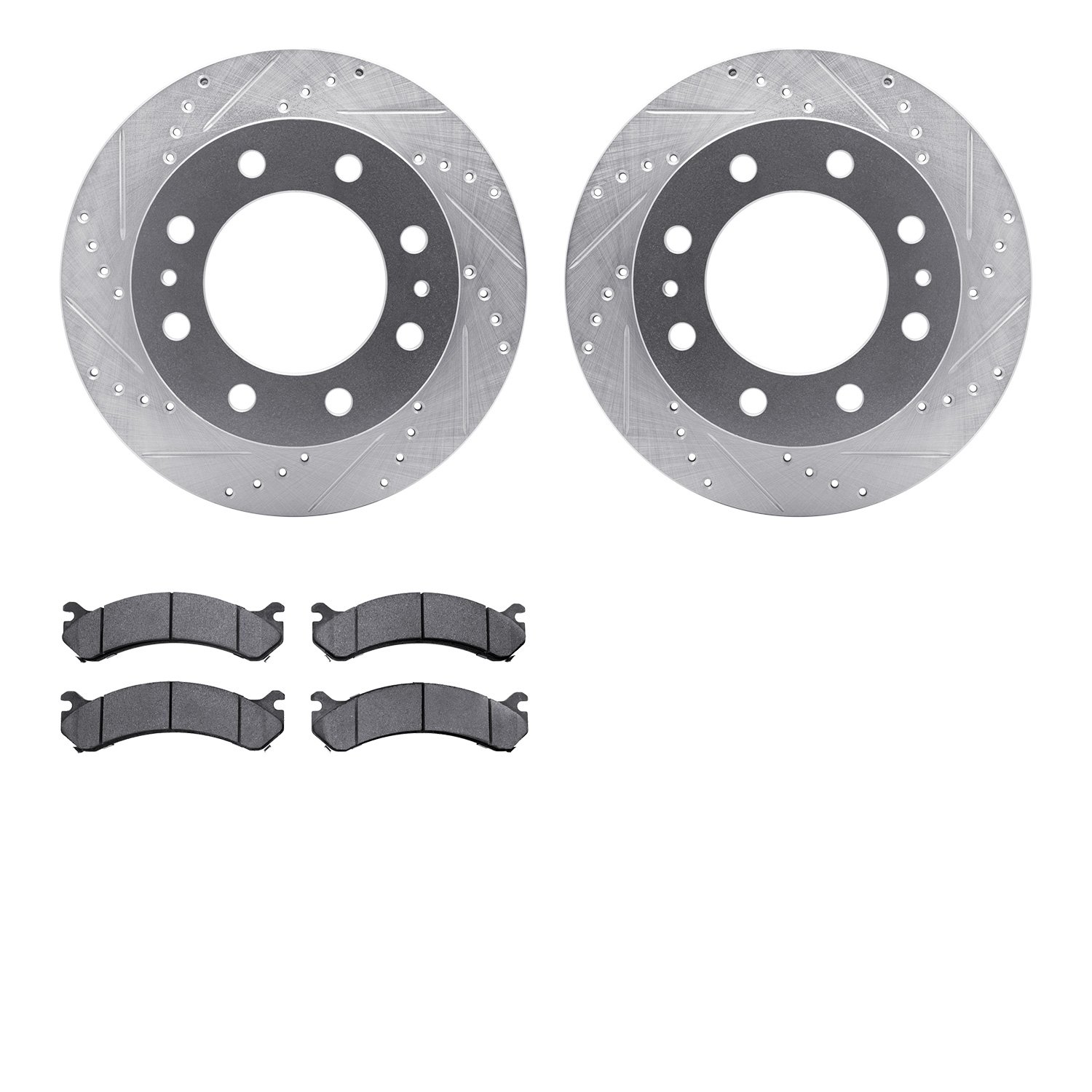7202-48077 Drilled/Slotted Rotors w/Heavy-Duty Brake Pads Kit [Silver], 2001-2020 GM, Position: Front