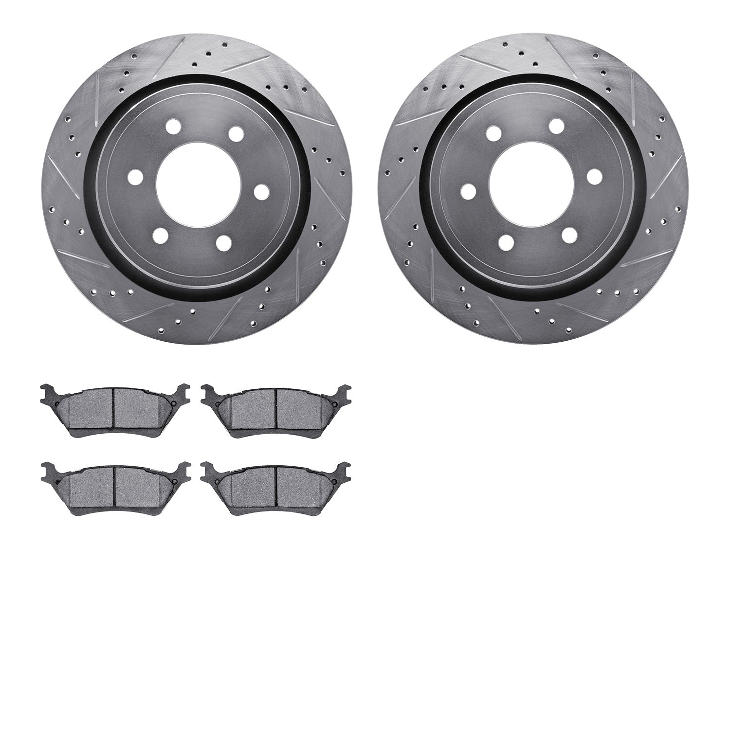 7202-54010 Drilled/Slotted Rotors w/Heavy-Duty Brake Pads Kit [Silver], 2012-2020 Ford/Lincoln/Mercury/Mazda, Position: Rear