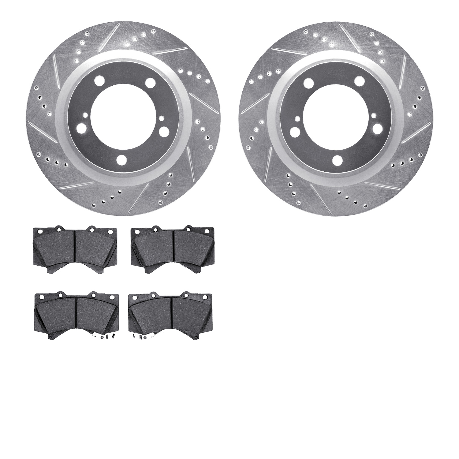 7202-76005 Drilled/Slotted Rotors w/Heavy-Duty Brake Pads Kit [Silver], Fits Select Lexus/Toyota/Scion, Position: Front