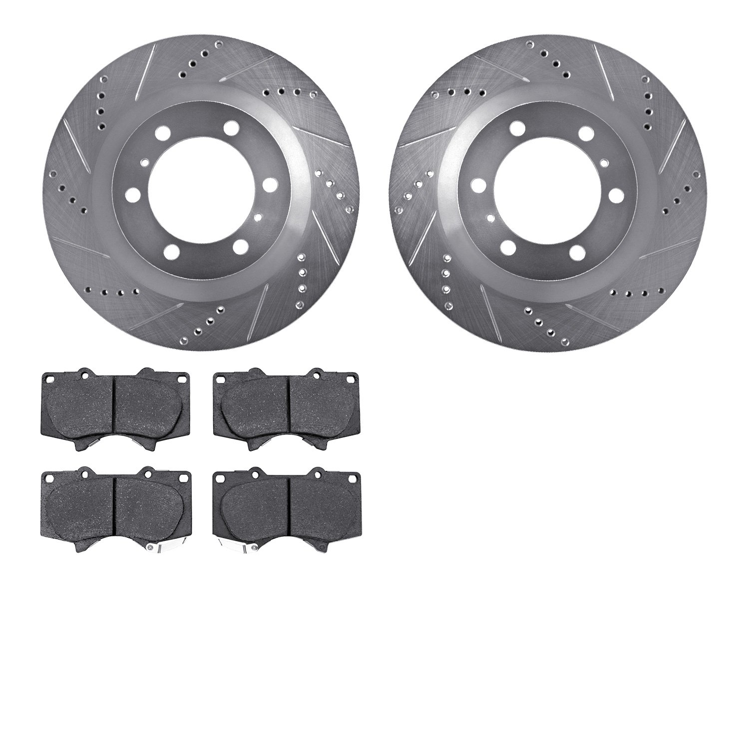7202-76008 Drilled/Slotted Rotors w/Heavy-Duty Brake Pads Kit [Silver], Fits Select Lexus/Toyota/Scion, Position: Front