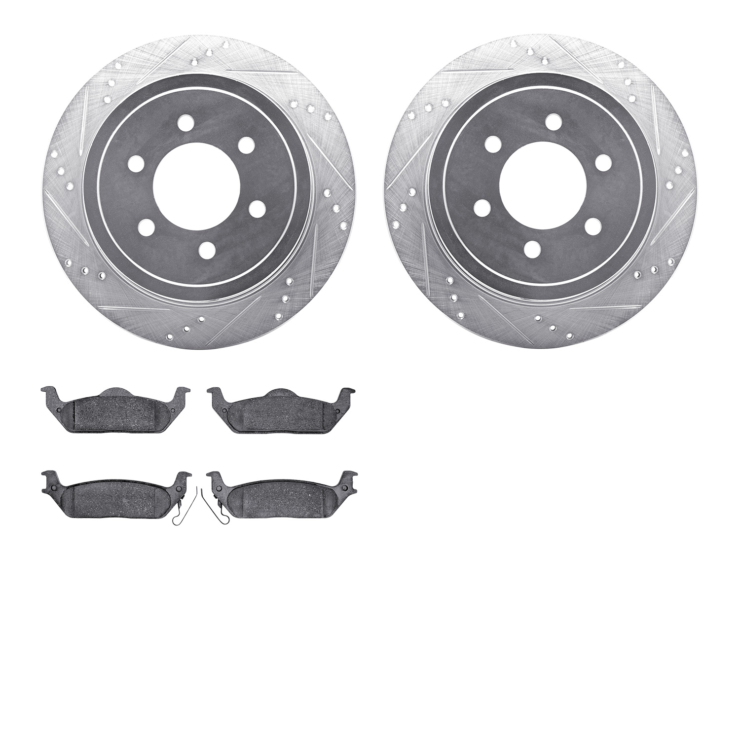 7202-99181 Drilled/Slotted Rotors w/Heavy-Duty Brake Pads Kit [Silver], 2004-2011 Ford/Lincoln/Mercury/Mazda, Position: Rear