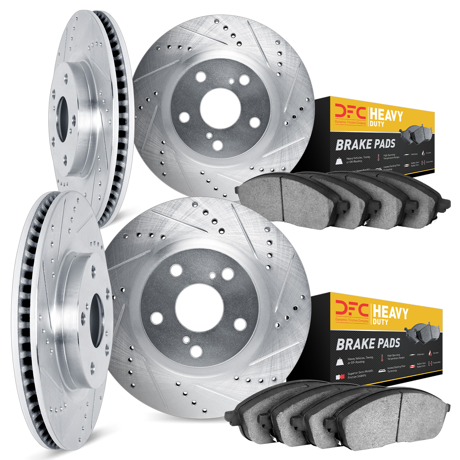 7204-40221 Drilled/Slotted Rotors w/Heavy-Duty Brake Pads Kit [Silver], 2006-2018 Mopar, Position: Front and Rear