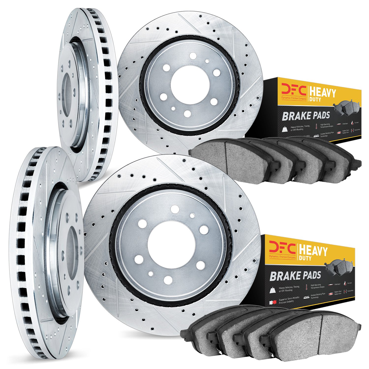 7204-48073 Drilled/Slotted Rotors w/Heavy-Duty Brake Pads Kit [Silver], 2009-2014 GM, Position: Front and Rear