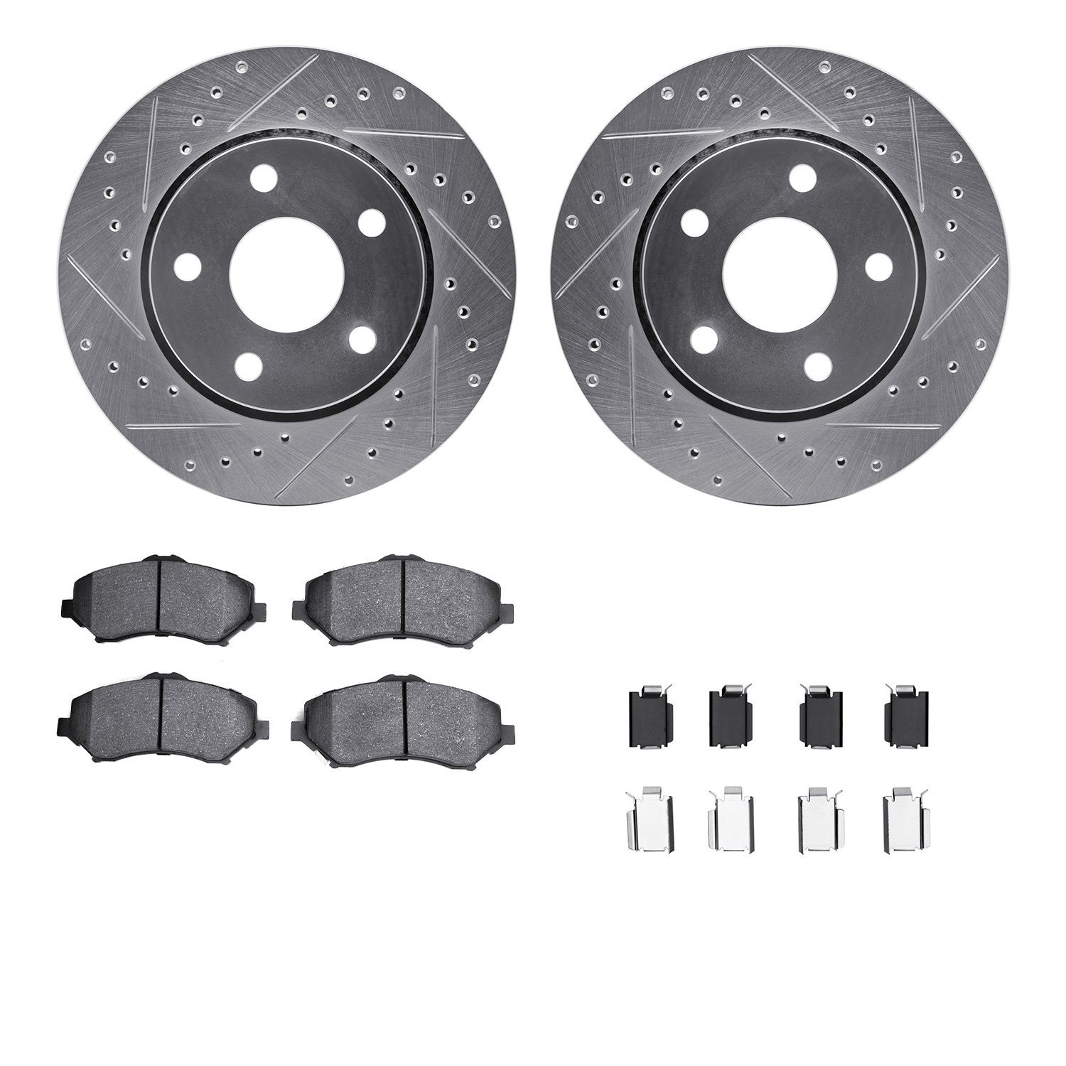 7212-42103 Drilled/Slotted Rotors w/Heavy-Duty Brake Pads Kit & Hardware [Silver], 2007-2018 Mopar, Position: Front