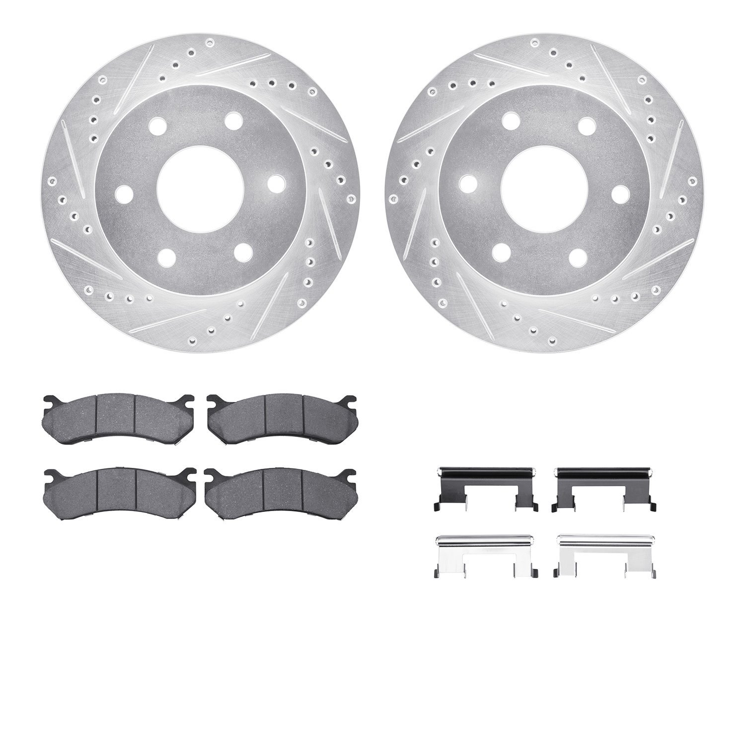 7212-48004 Drilled/Slotted Rotors w/Heavy-Duty Brake Pads Kit & Hardware [Silver], 1999-2008 GM, Position: Front
