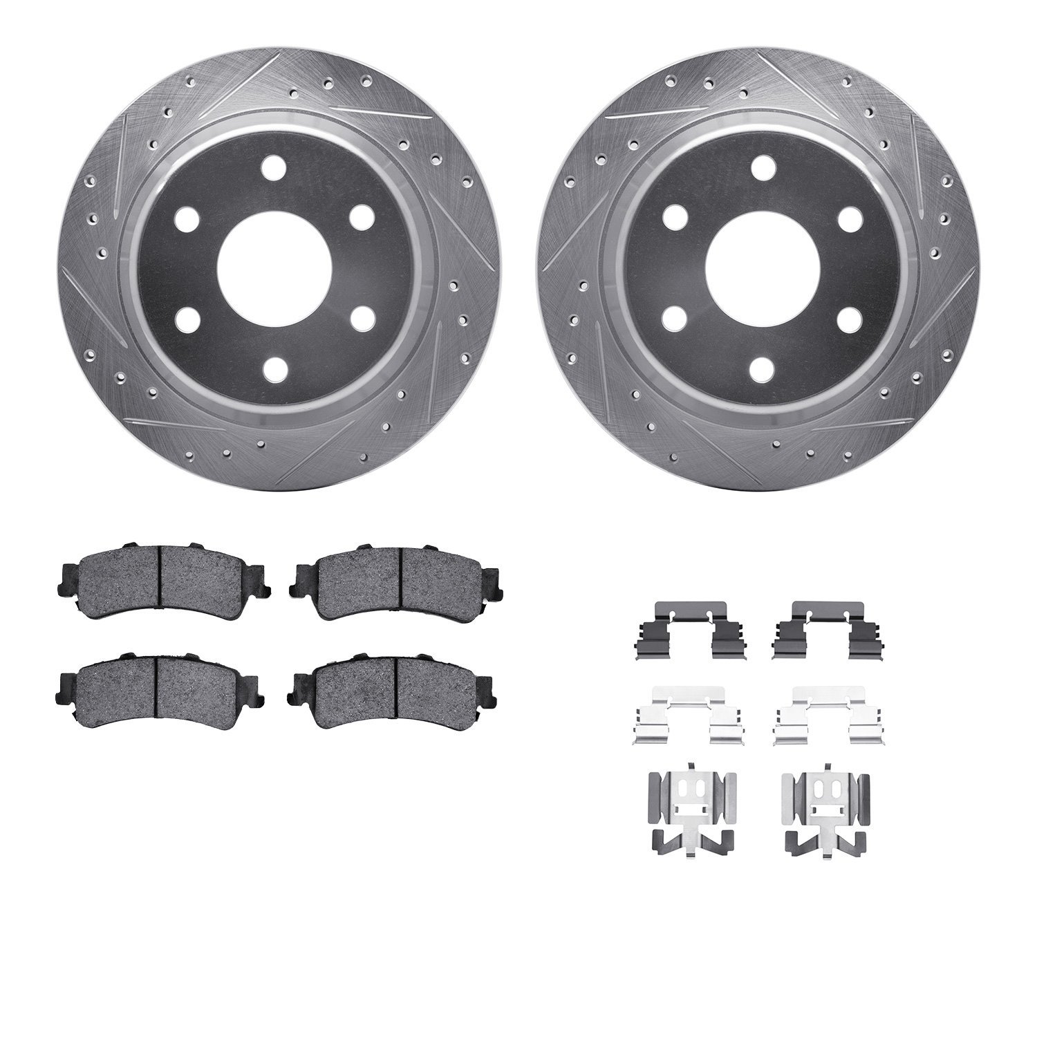 7212-48009 Drilled/Slotted Rotors w/Heavy-Duty Brake Pads Kit & Hardware [Silver], 1999-2007 GM, Position: Rear