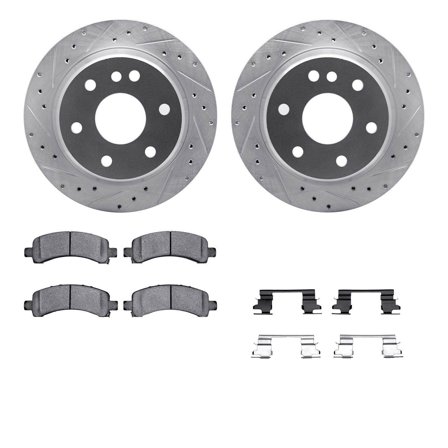 7212-48015 Drilled/Slotted Rotors w/Heavy-Duty Brake Pads Kit & Hardware [Silver], 2002-2014 GM, Position: Rear
