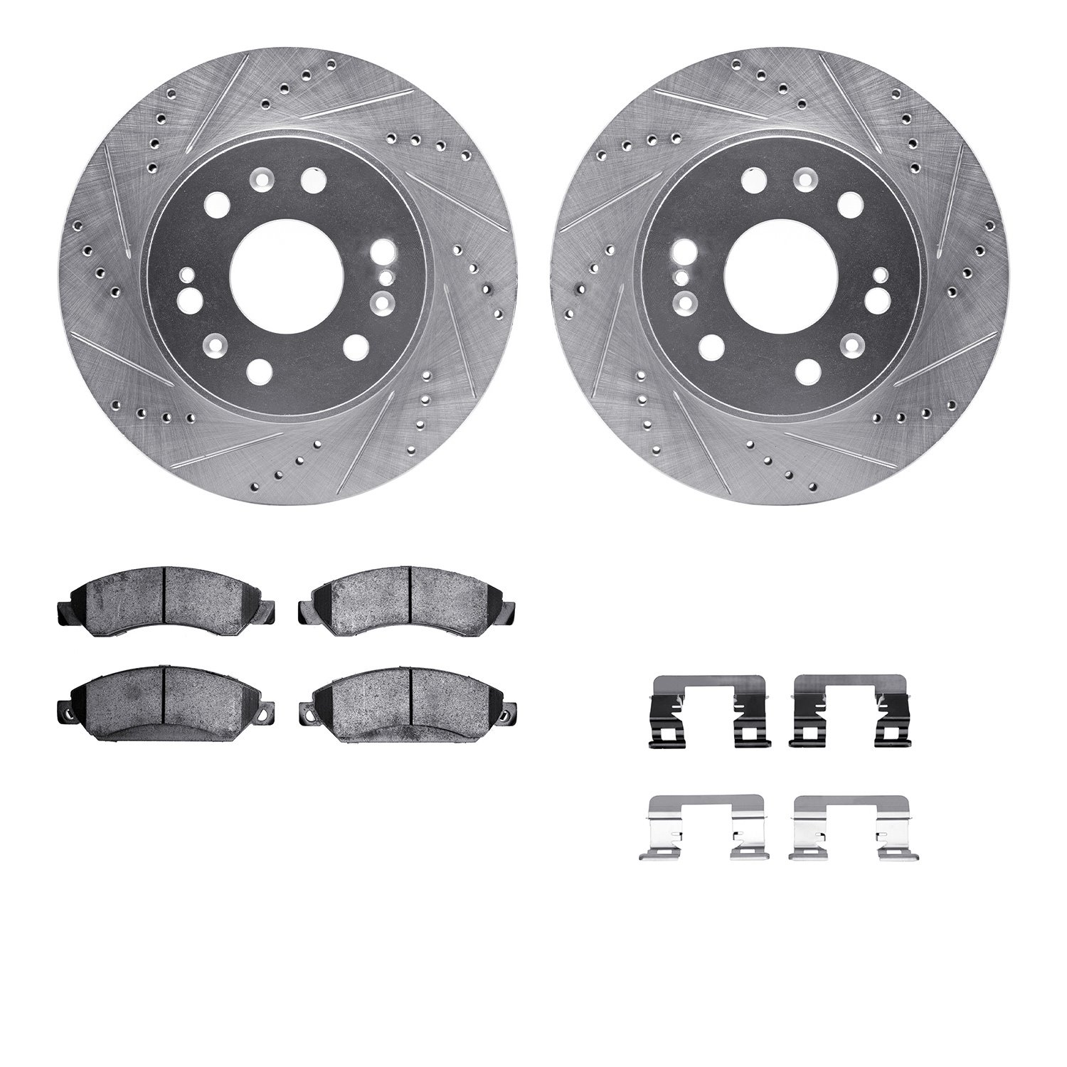 7212-48026 Drilled/Slotted Rotors w/Heavy-Duty Brake Pads Kit & Hardware [Silver], 2005-2008 GM, Position: Front