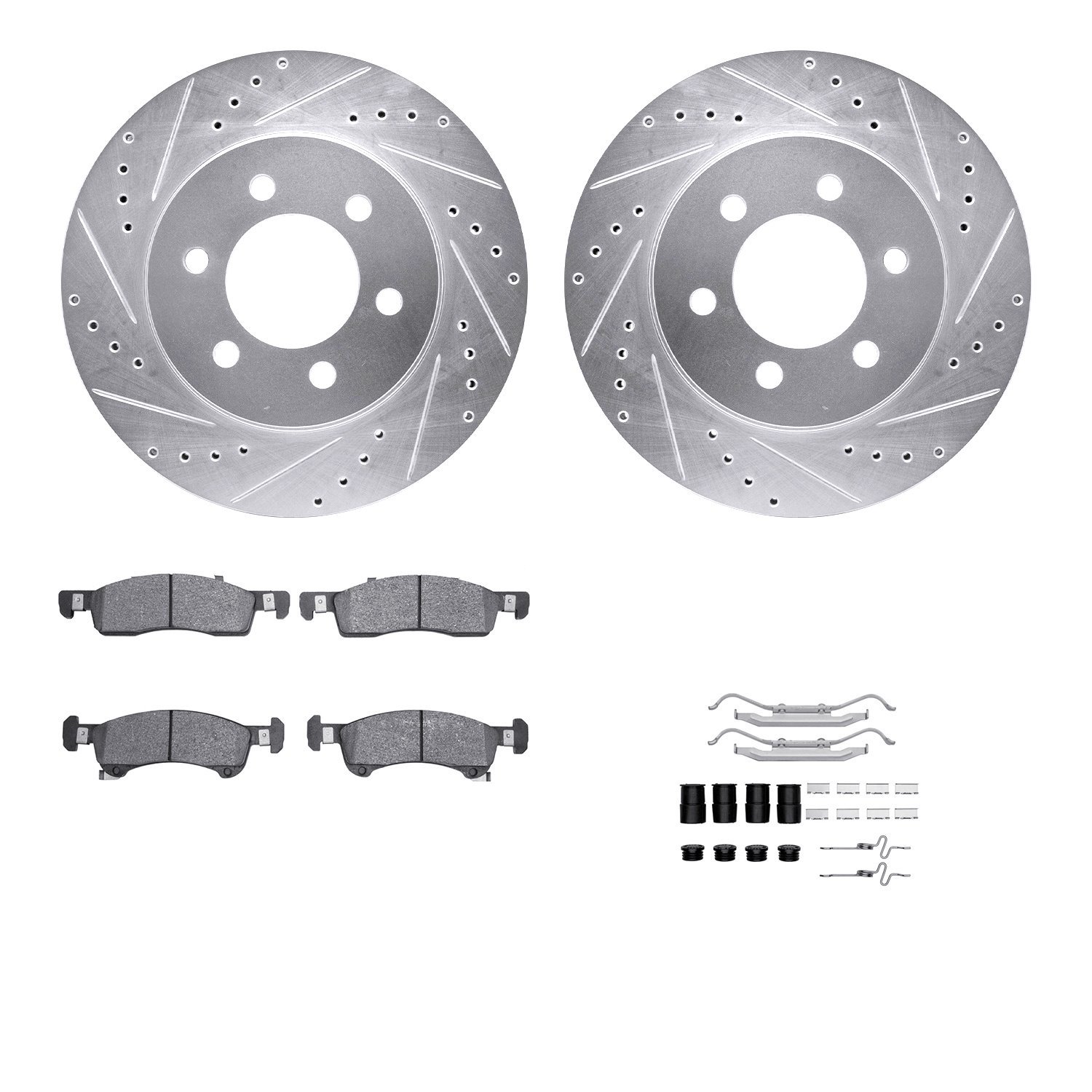 7212-48080 Drilled/Slotted Rotors w/Heavy-Duty Brake Pads Kit & Hardware [Silver], 1988-1994 GM, Position: Front
