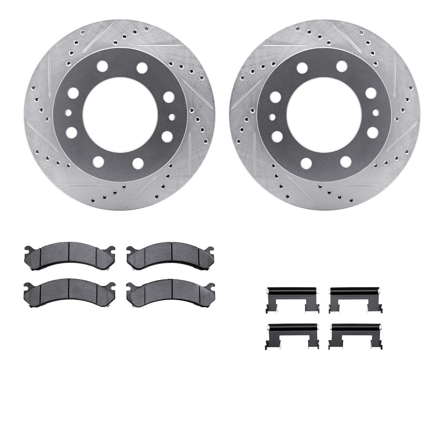 7212-48145 Drilled/Slotted Rotors w/Heavy-Duty Brake Pads Kit & Hardware [Silver], 2001-2020 GM, Position: Front