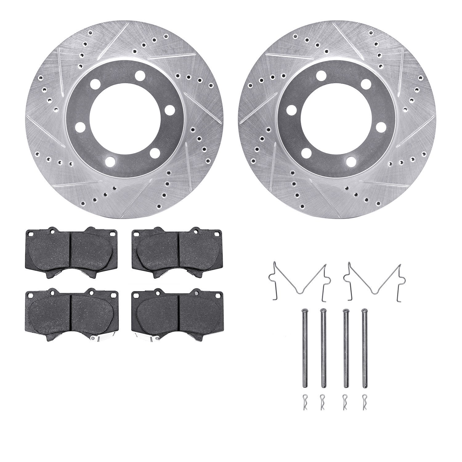7212-76002 Drilled/Slotted Rotors w/Heavy-Duty Brake Pads Kit & Hardware [Silver], 2000-2007 Lexus/Toyota/Scion, Position: Front