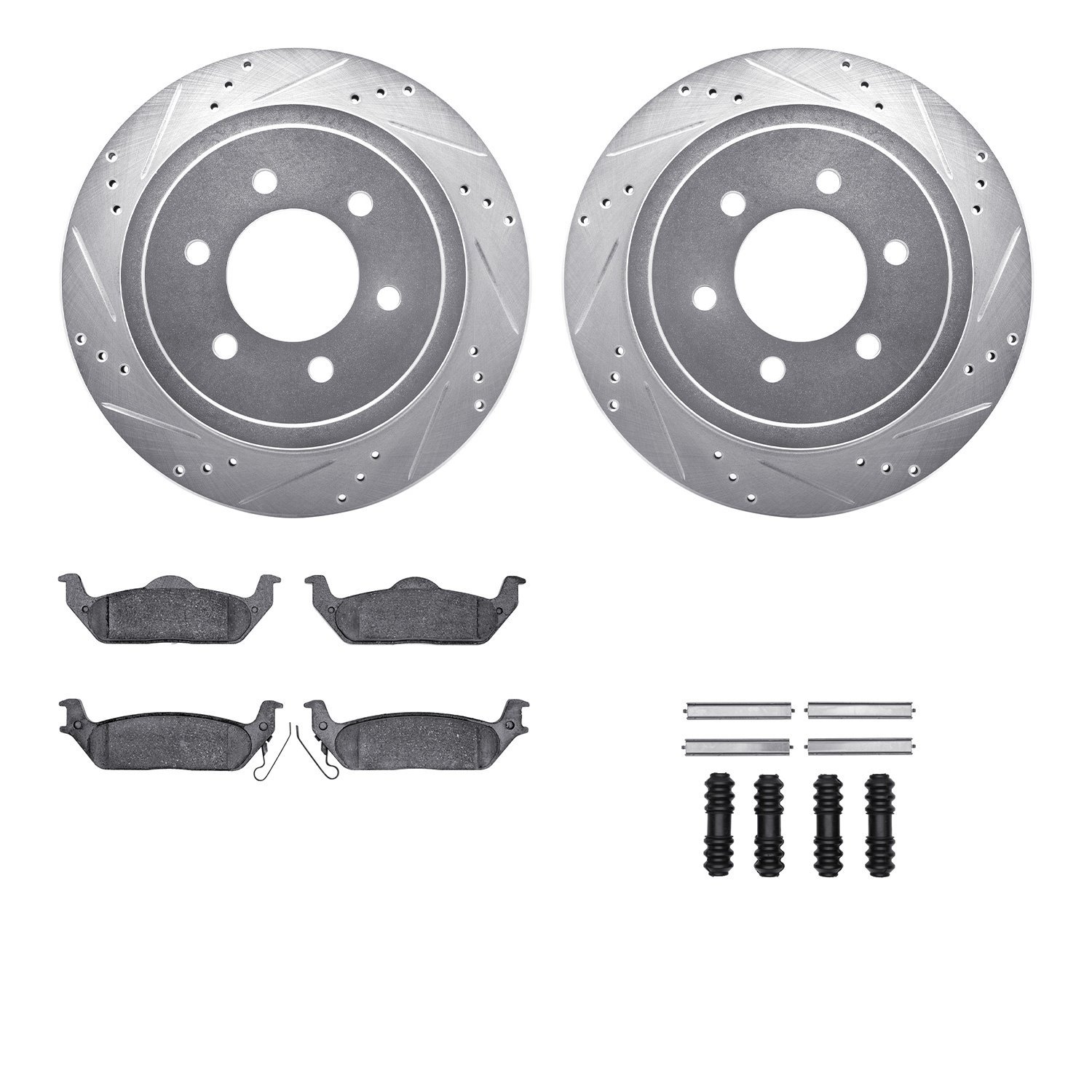7212-99186 Drilled/Slotted Rotors w/Heavy-Duty Brake Pads Kit & Hardware [Silver], 2004-2011 Ford/Lincoln/Mercury/Mazda, Positio