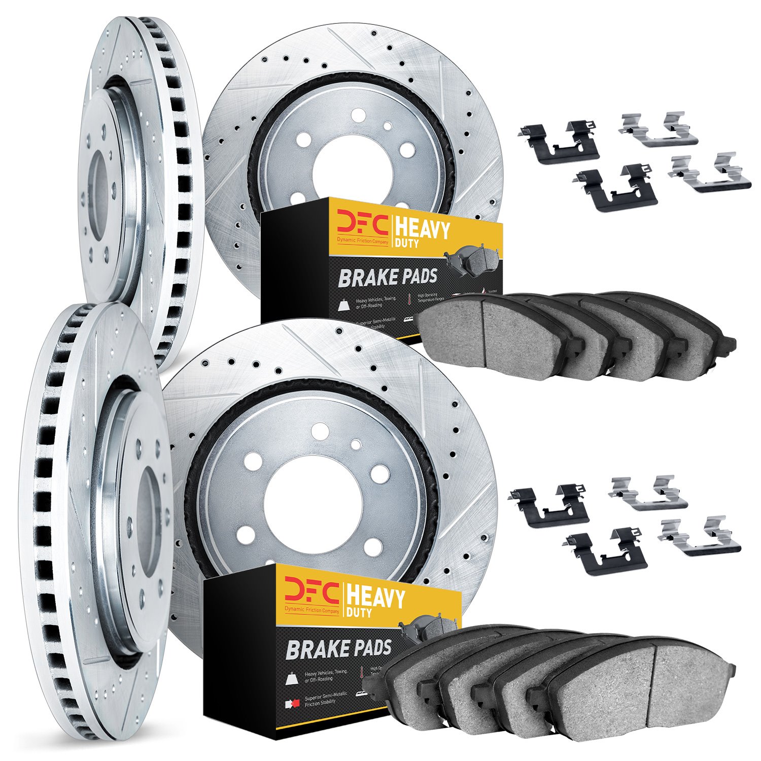 7214-48018 Drilled/Slotted Rotors w/Heavy-Duty Brake Pads Kit & Hardware [Silver], 2009-2014 GM, Position: Front and Rear