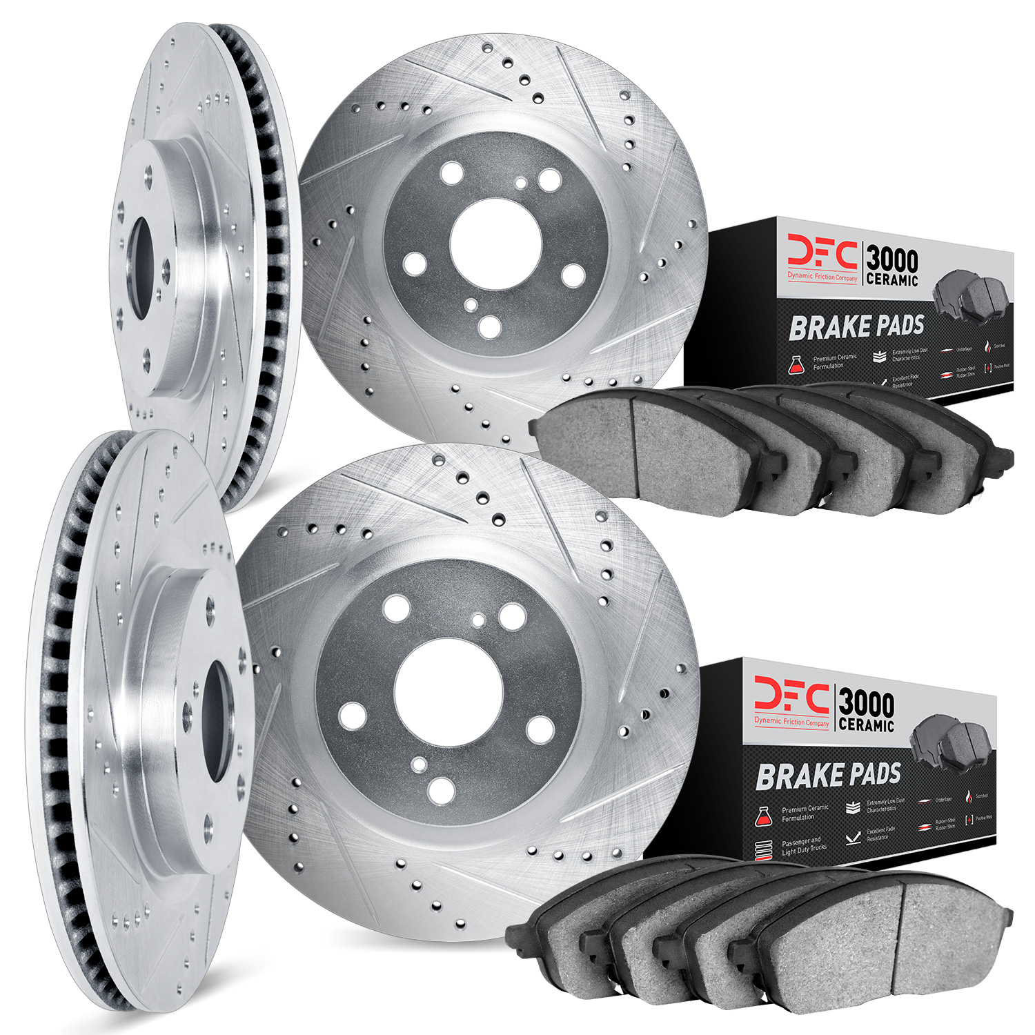7304-46024 Drilled/Slotted Brake Rotor with 3000-Series Ceramic Brake Pads Kit [Silver], 2015-2019 GM, Position: Front and Rear