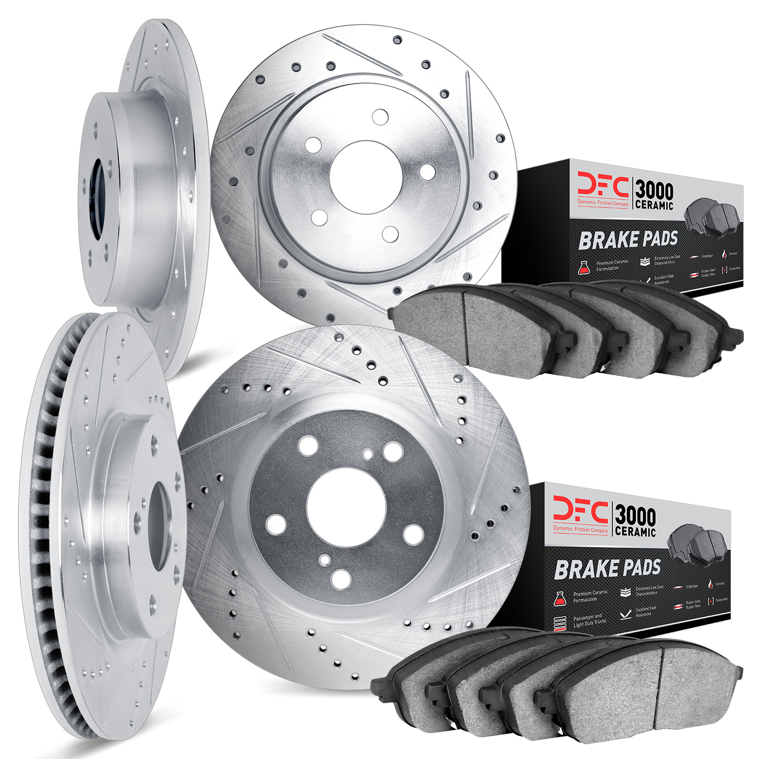 7304-63047 Drilled/Slotted Brake Rotor with 3000-Series Ceramic Brake Pads Kit [Silver], 1986-1989 Mercedes-Benz, Position: Fron