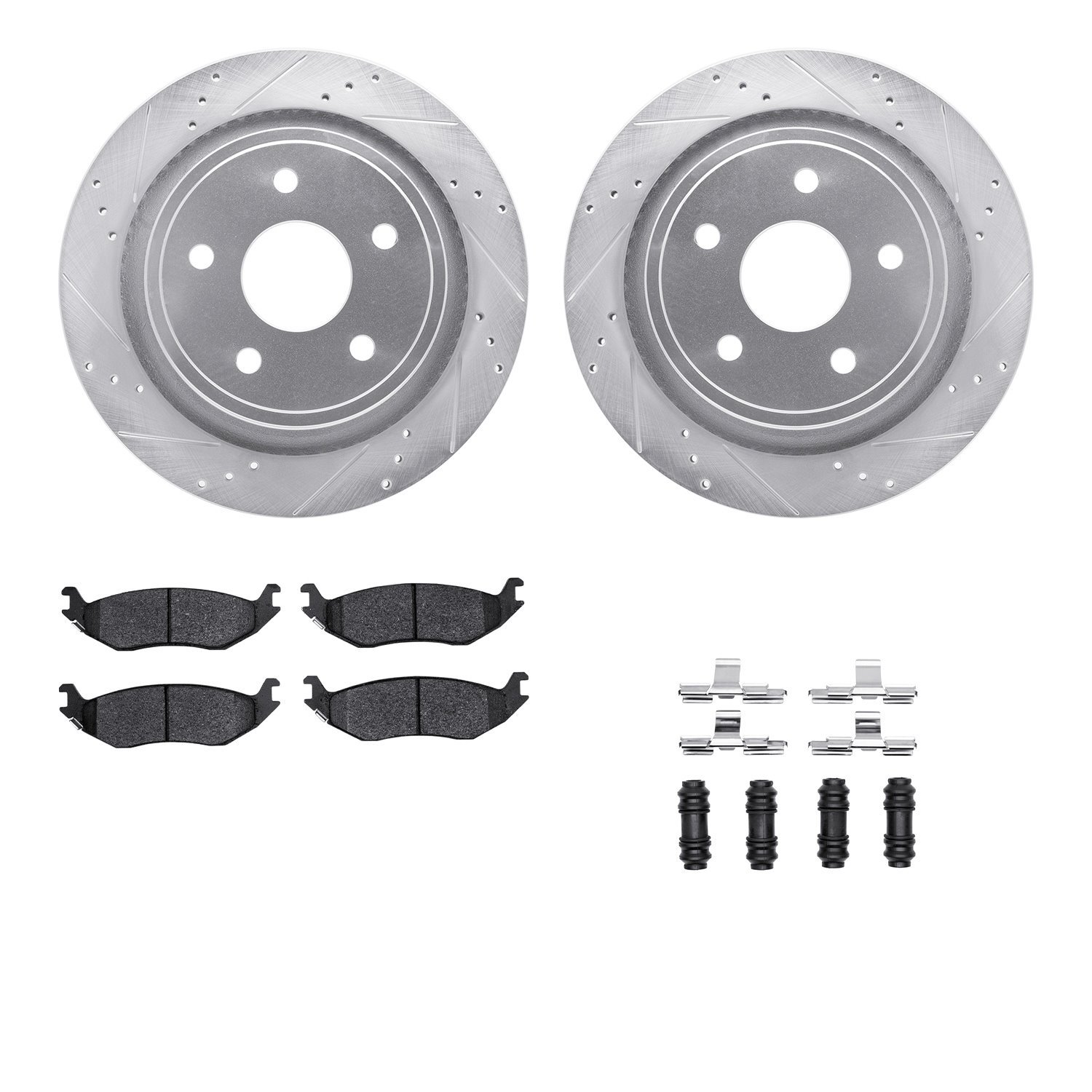 7412-40011 Drilled/Slotted Brake Rotors with Ultimate-Duty Brake Pads Kit & Hardware [Silver], 2002-2018 Mopar, Position: Rear