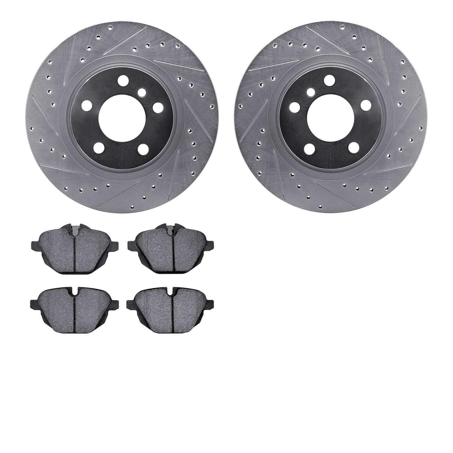 7502-31144 Drilled/Slotted Brake Rotors w/5000 Advanced Brake Pads Kit [Silver], 2015-2018 BMW, Position: Rear