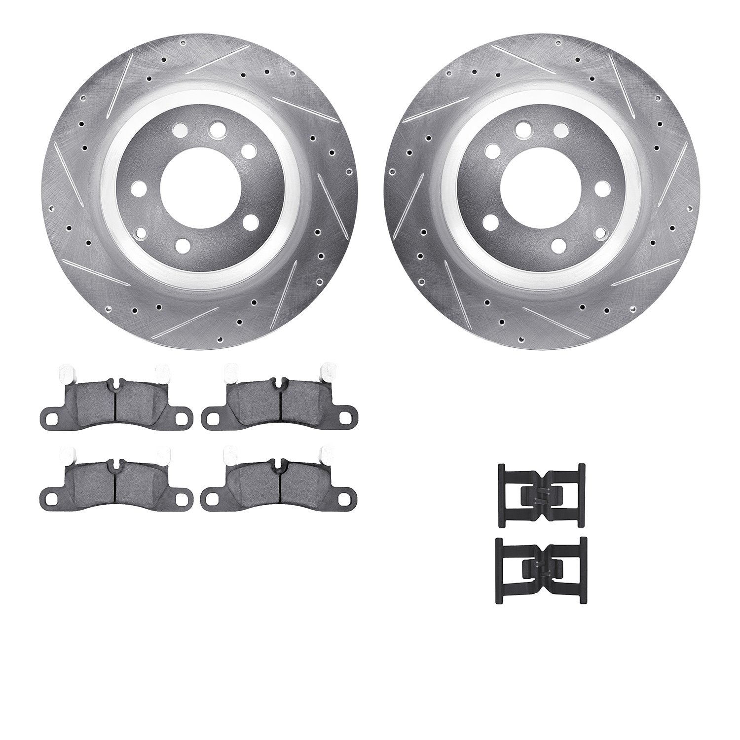 7512-02017 Drilled/Slotted Brake Rotors w/5000 Advanced Brake Pads Kit & Hardware [Silver], 2015-2018 Porsche, Position: Rear