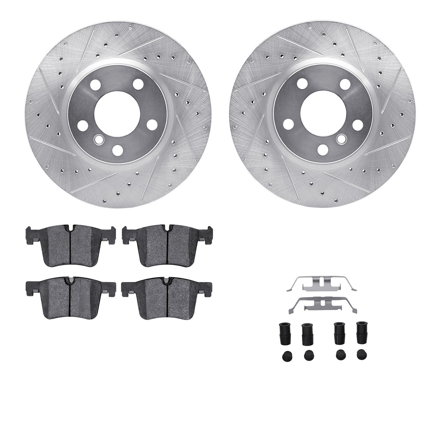 7512-31111 Drilled/Slotted Brake Rotors w/5000 Advanced Brake Pads Kit & Hardware [Silver], 2015-2018 BMW, Position: Front