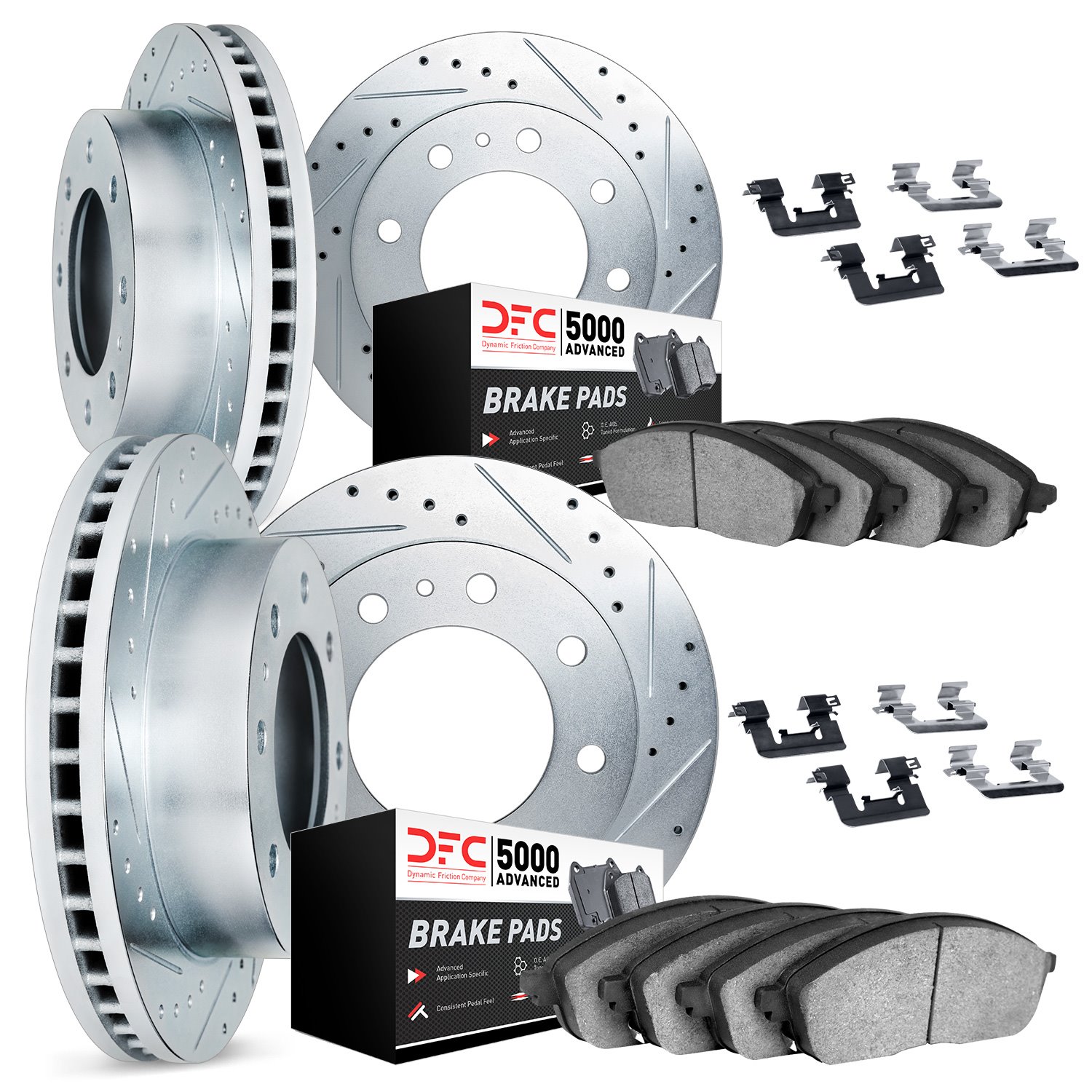 7514-48011 Drilled/Slotted Brake Rotors w/5000 Advanced Brake Pads Kit & Hardware [Silver], 2001-2003 GM, Position: Front and Re