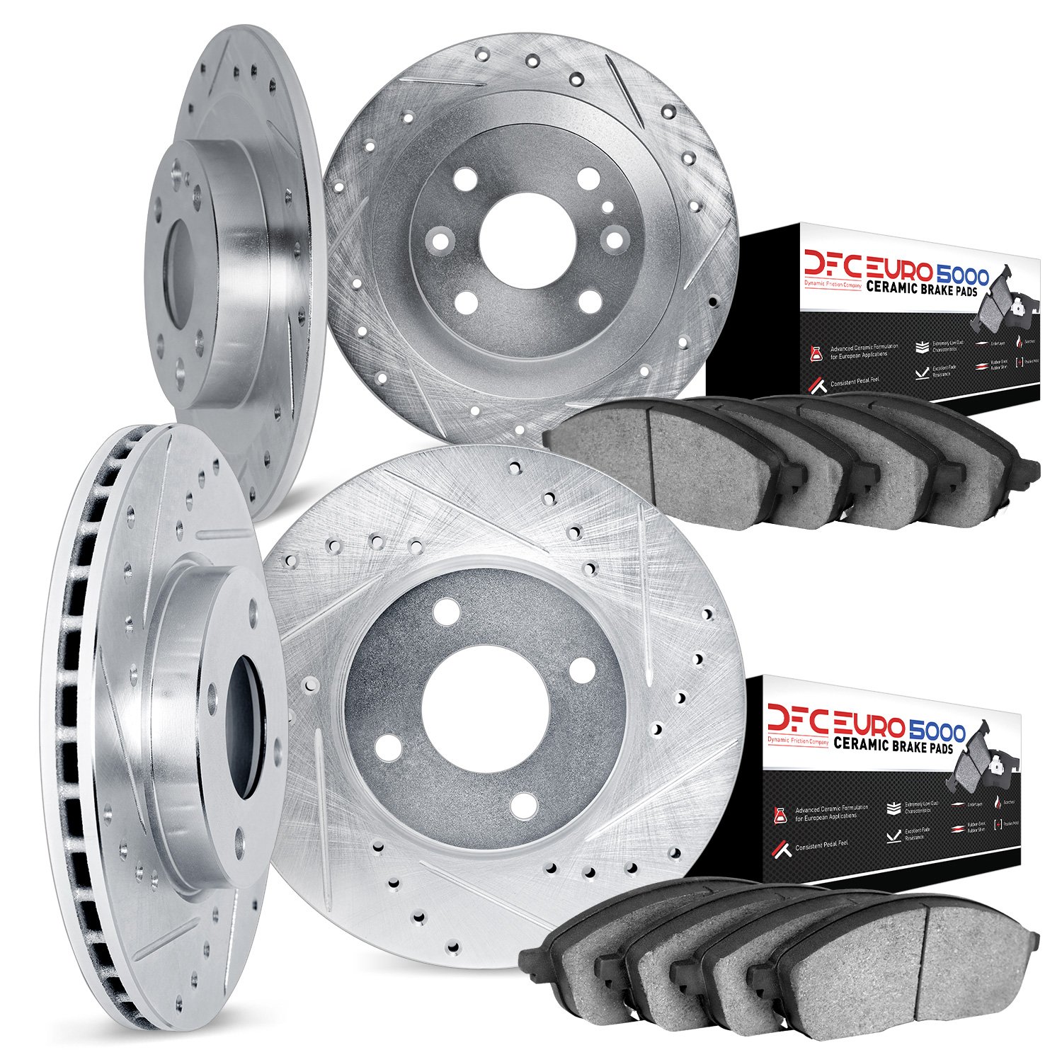 7604-20001 Drilled/Slotted Brake Rotors w/5000 Euro Ceramic Brake Pads Kit [Silver], 1983-1993 Jaguar, Position: Front and Rear