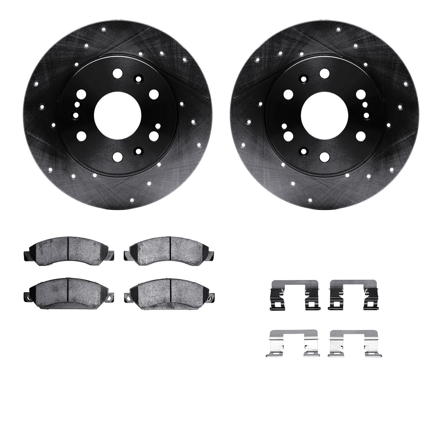 8212-48026 Drilled/Slotted Rotors w/Heavy-Duty Brake Pads Kit & Hardware [Black], 2005-2008 GM, Position: Front