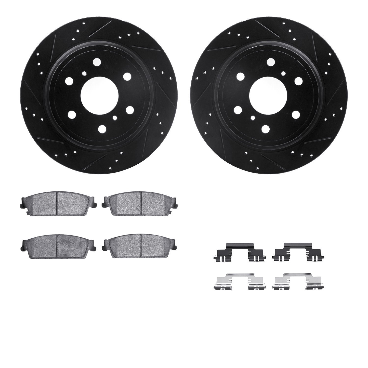 8212-48027 Drilled/Slotted Rotors w/Heavy-Duty Brake Pads Kit & Hardware [Black], 2007-2014 GM, Position: Rear
