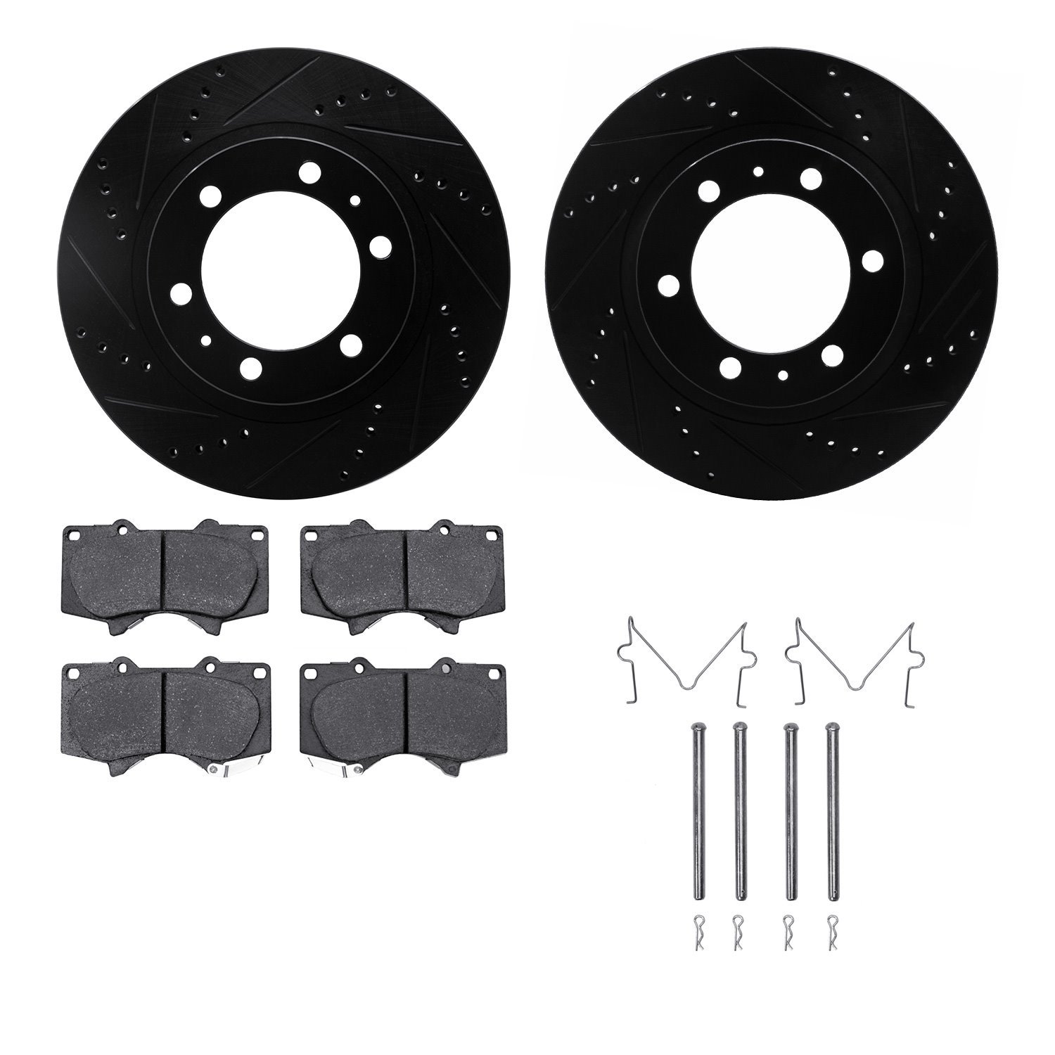 8212-76004 Drilled/Slotted Rotors w/Heavy-Duty Brake Pads Kit & Hardware [Black], Fits Select Lexus/Toyota/Scion, Position: Fron