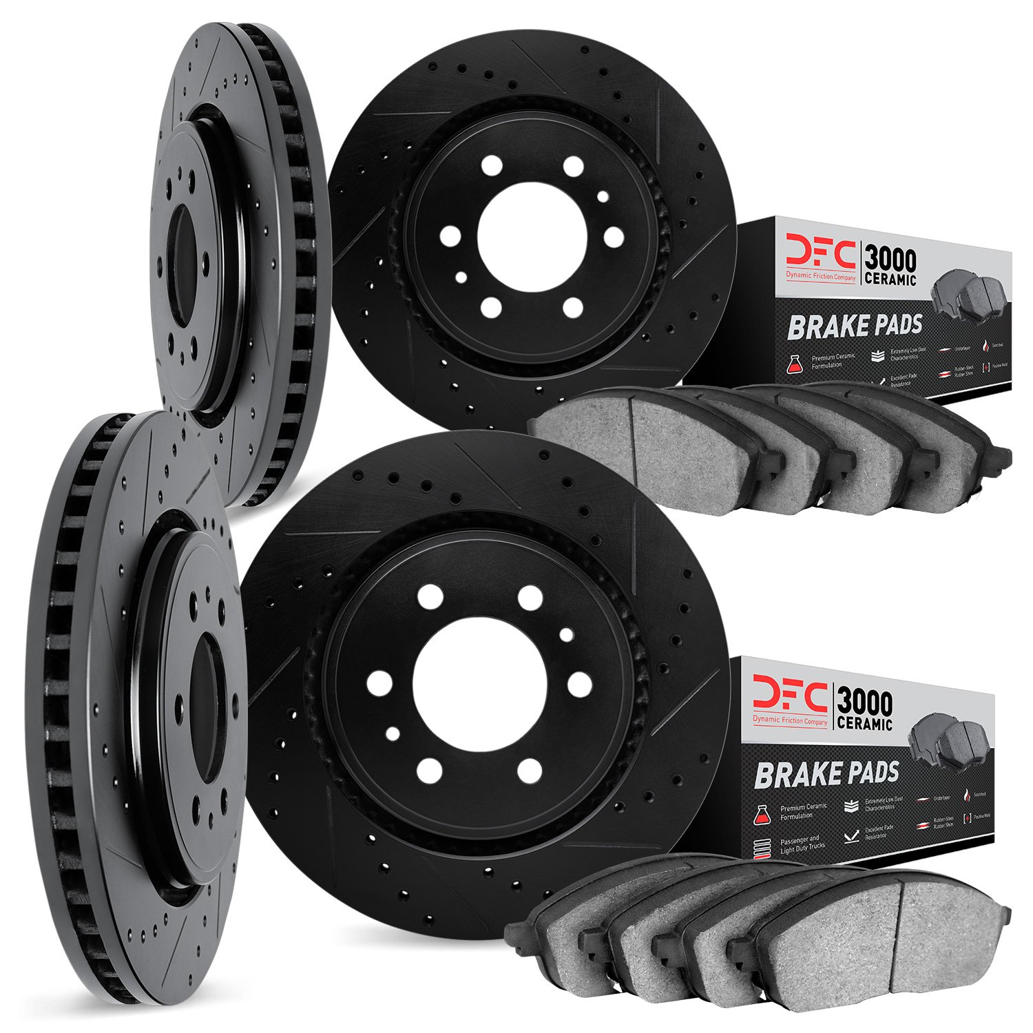 8304-48032 Drilled/Slotted Brake Rotors with 3000-Series Ceramic Brake Pads Kit [Black], 2014-2020 GM, Position: Front and Rear