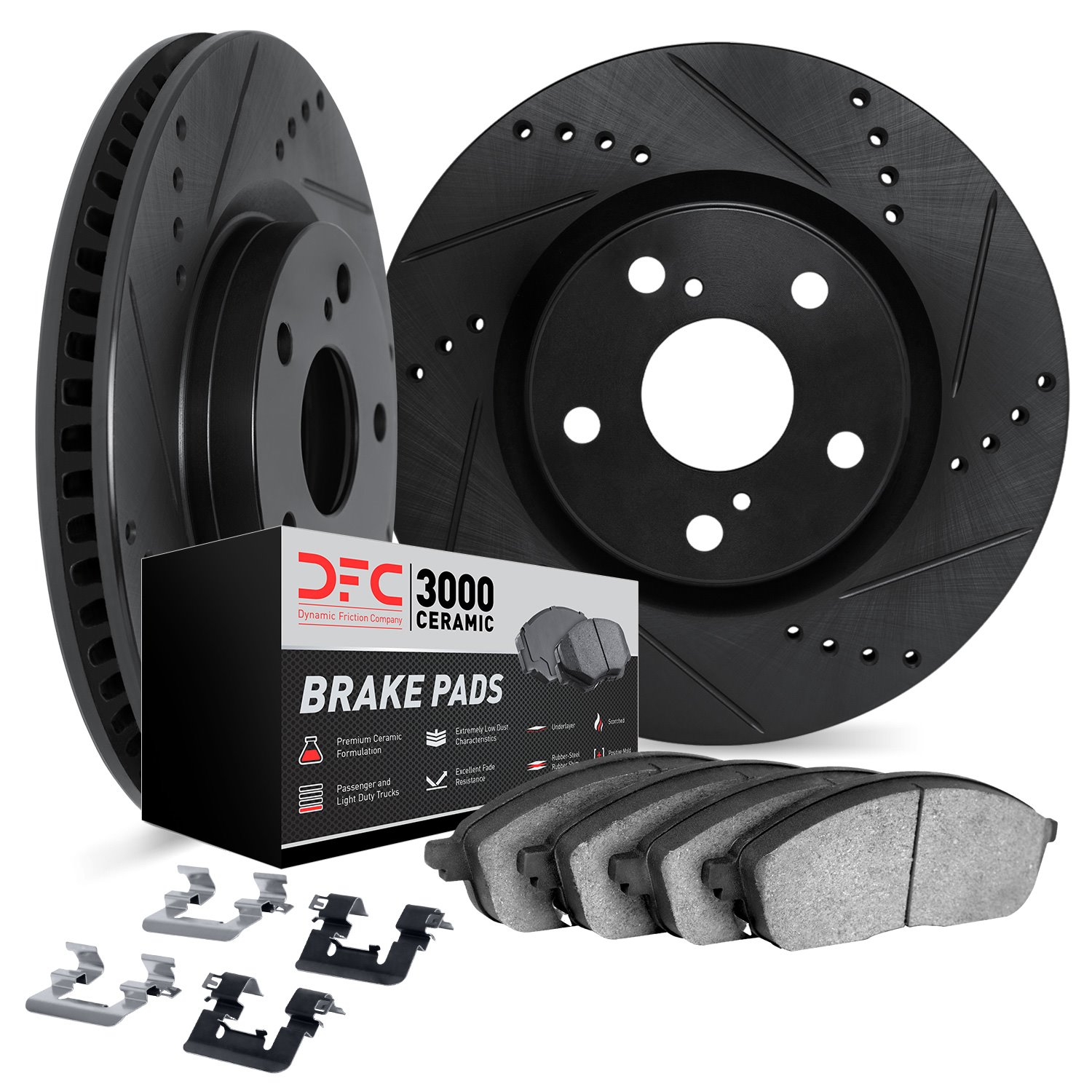 8312-46028 Drilled/Slotted Brake Rotors with 3000-Series Ceramic Brake Pads Kit & Hardware [Black], 2014-2020 GM, Position: Fron