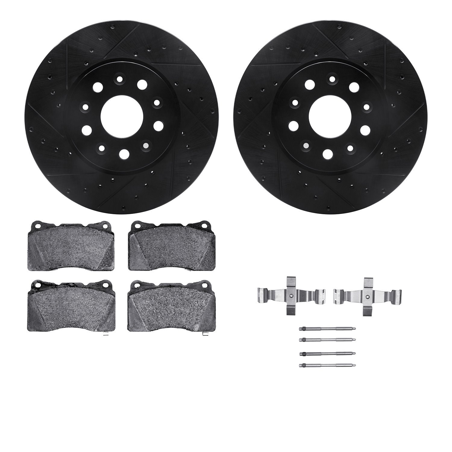 8312-46029 Drilled/Slotted Brake Rotors with 3000-Series Ceramic Brake Pads Kit & Hardware [Black], 2014-2020 GM, Position: Fron