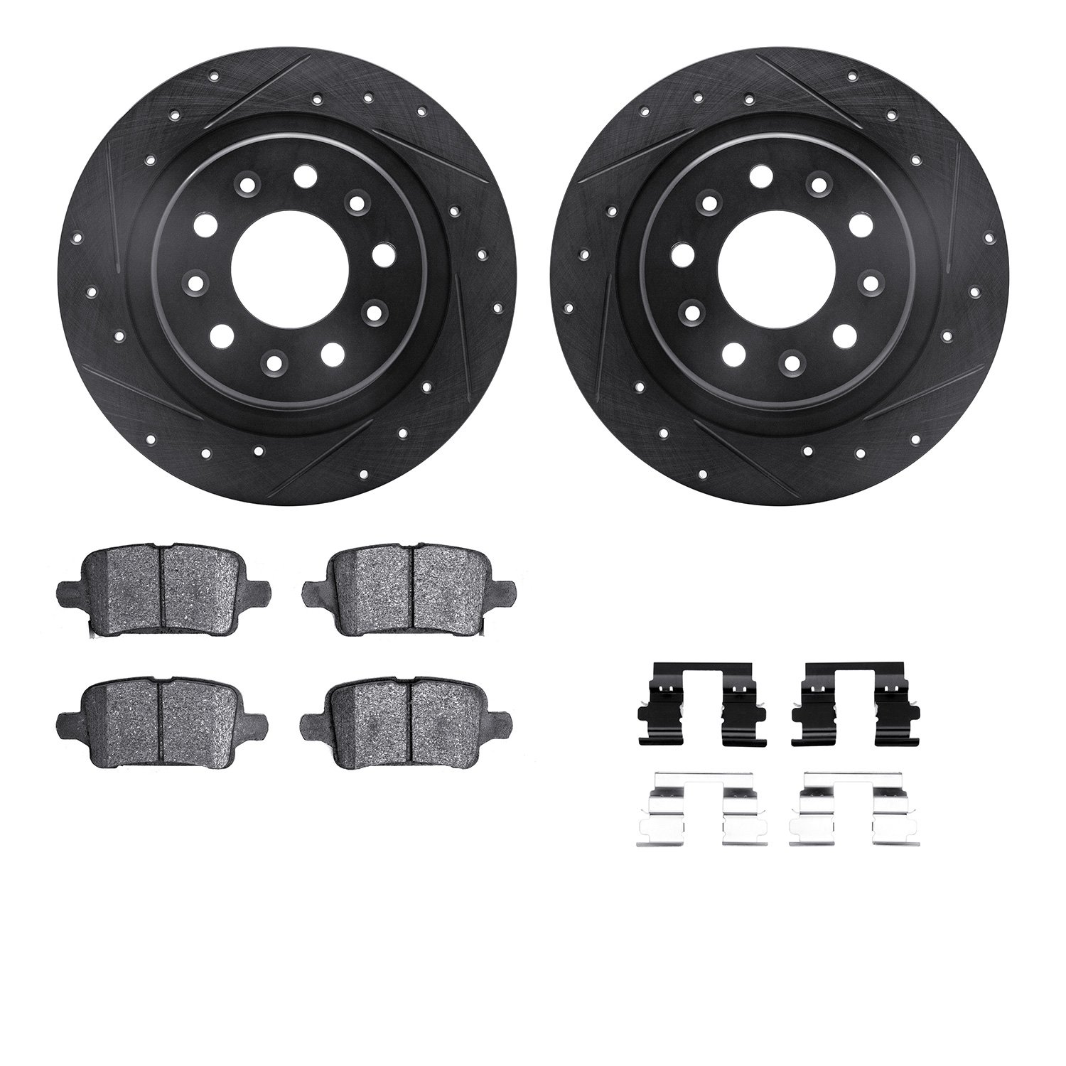 8312-47073 Drilled/Slotted Brake Rotors with 3000-Series Ceramic Brake Pads Kit & Hardware [Black], 2016-2020 GM, Position: Rear