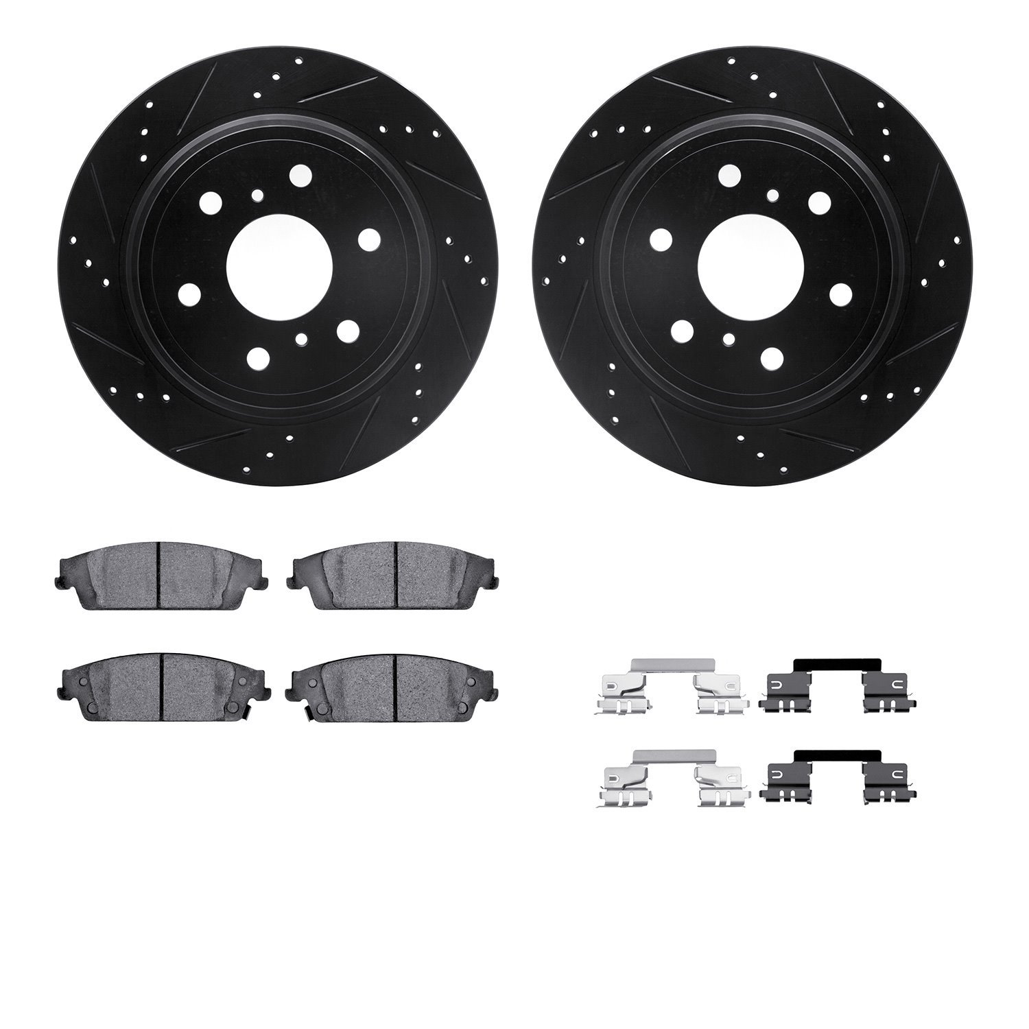 8312-48063 Drilled/Slotted Brake Rotors with 3000-Series Ceramic Brake Pads Kit & Hardware [Black], 2014-2020 GM, Position: Rear