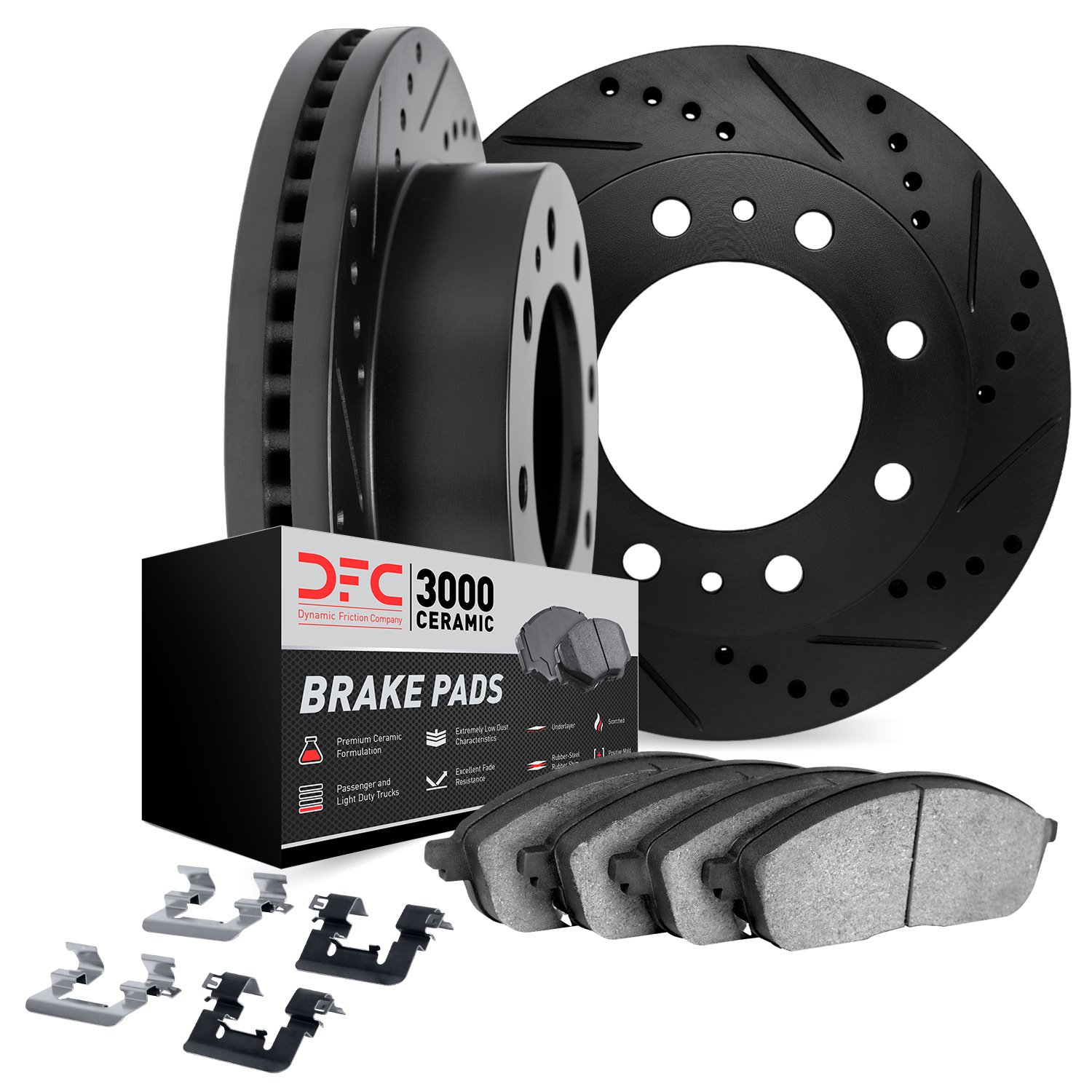 8312-48067 Drilled/Slotted Brake Rotors with 3000-Series Ceramic Brake Pads Kit & Hardware [Black], 2009-2020 GM, Position: Rear