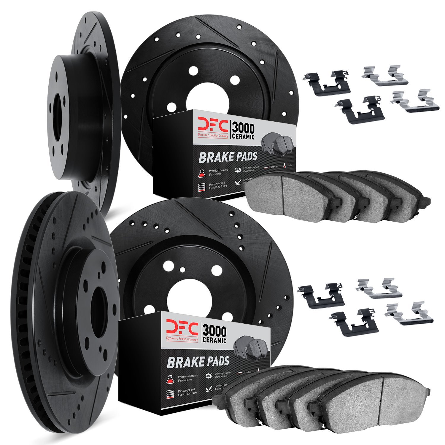 8314-31029 Drilled/Slotted Brake Rotors with 3000-Series Ceramic Brake Pads Kit & Hardware [Black], 2003-2006 BMW, Position: Fro
