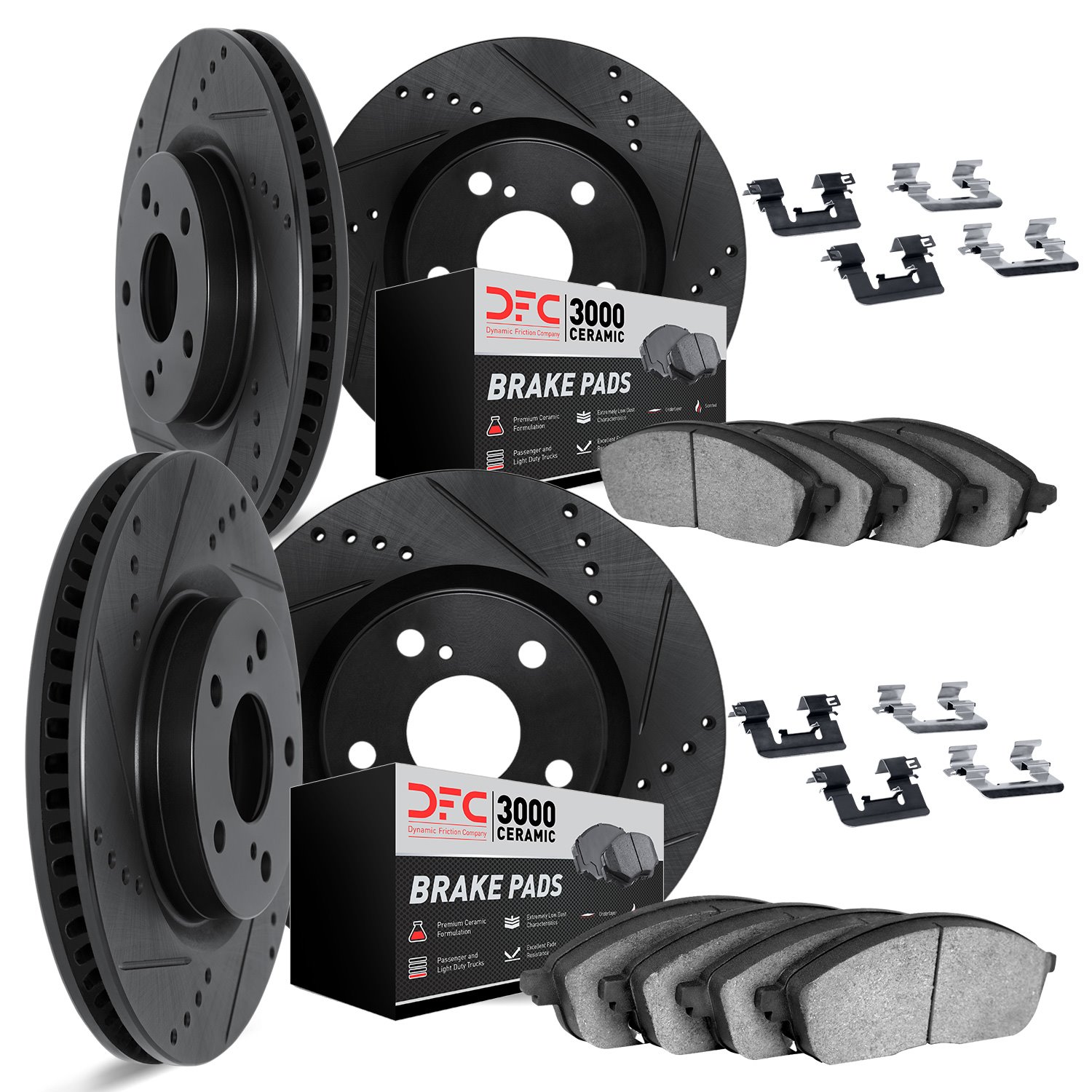 8314-31038 Drilled/Slotted Brake Rotors with 3000-Series Ceramic Brake Pads Kit & Hardware [Black], 2001-2003 BMW, Position: Fro