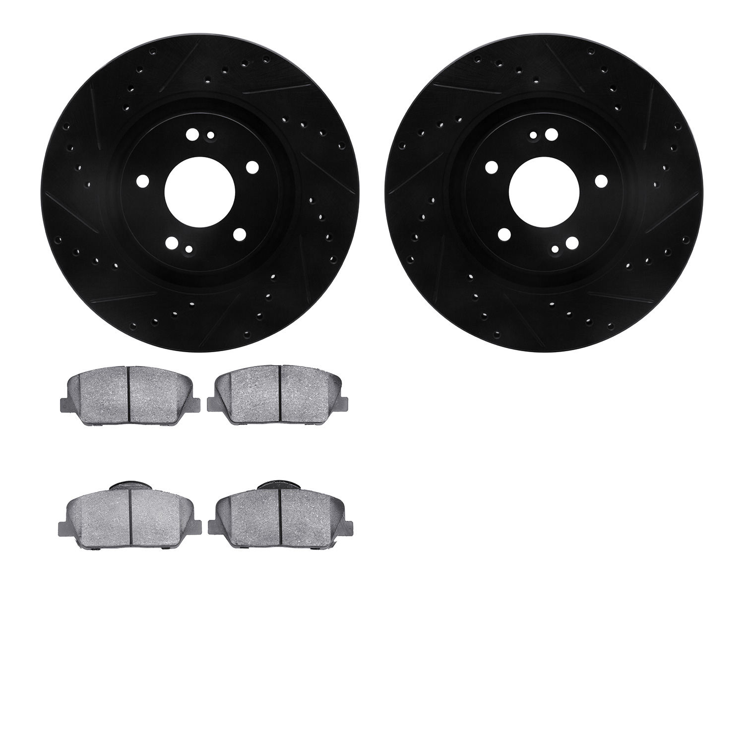 8502-03003 Drilled/Slotted Brake Rotors w/5000 Advanced Brake Pads Kit [Black], 2011-2015 Kia/Hyundai/Genesis, Position: Front