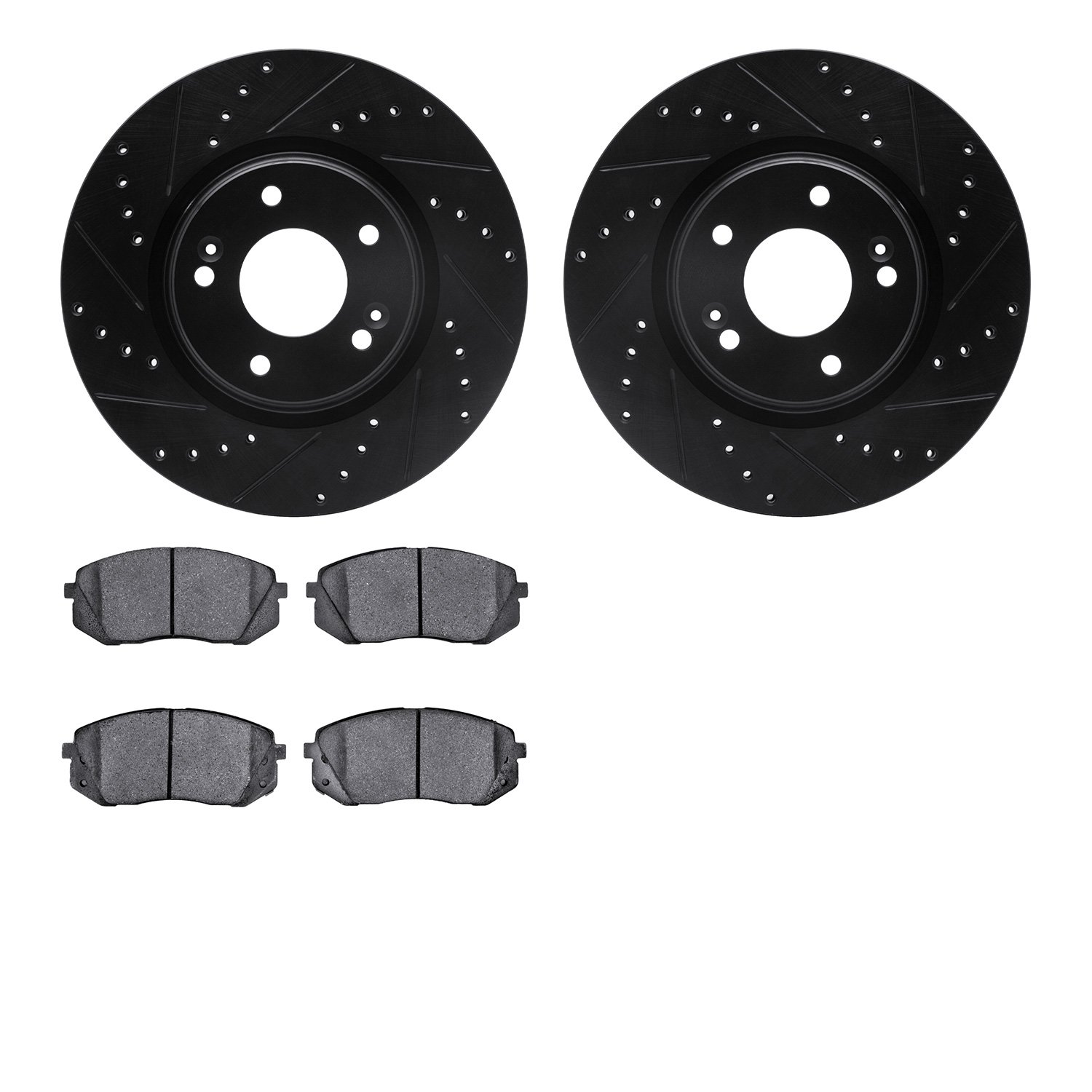 8502-03085 Drilled/Slotted Brake Rotors w/5000 Advanced Brake Pads Kit [Black], 2015-2015 Kia/Hyundai/Genesis, Position: Front
